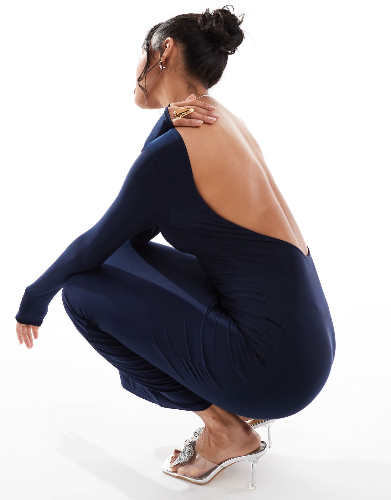 Kaiia exclusive double layered slinky low back long sleeve bodycon maxi dress in navy