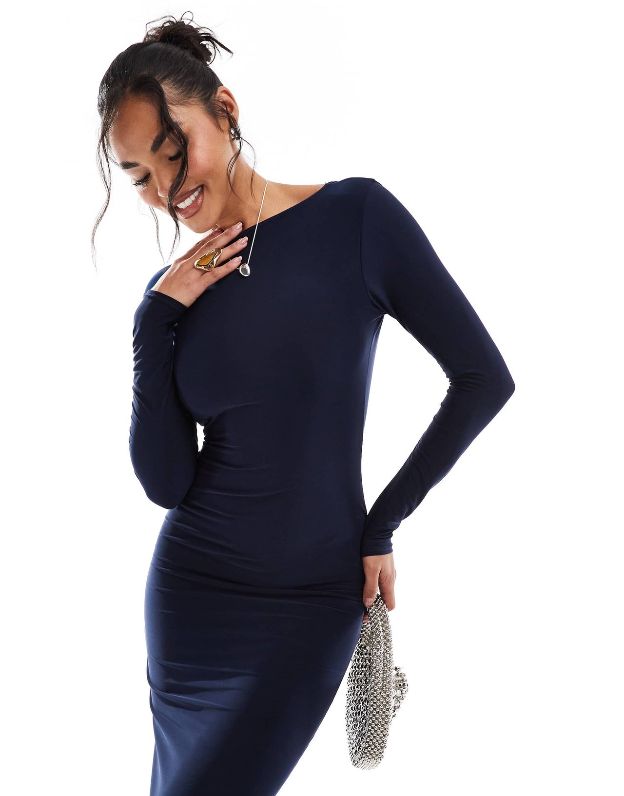 Kaiia exclusive double layered slinky low back long sleeve bodycon maxi dress in navy
