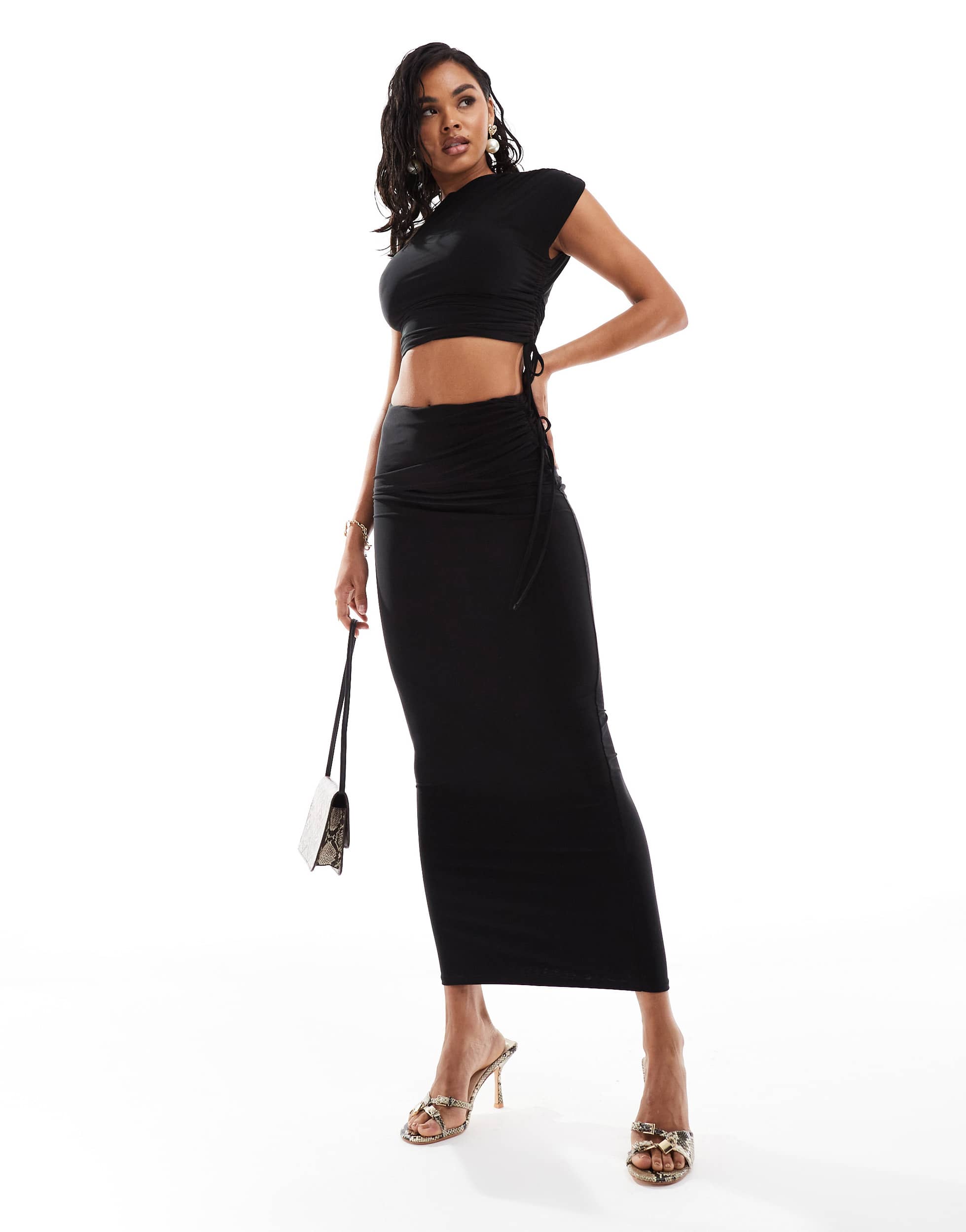 Kaiia exclusive double layered slinky ruched drawstring maxi skirt co-ord in black