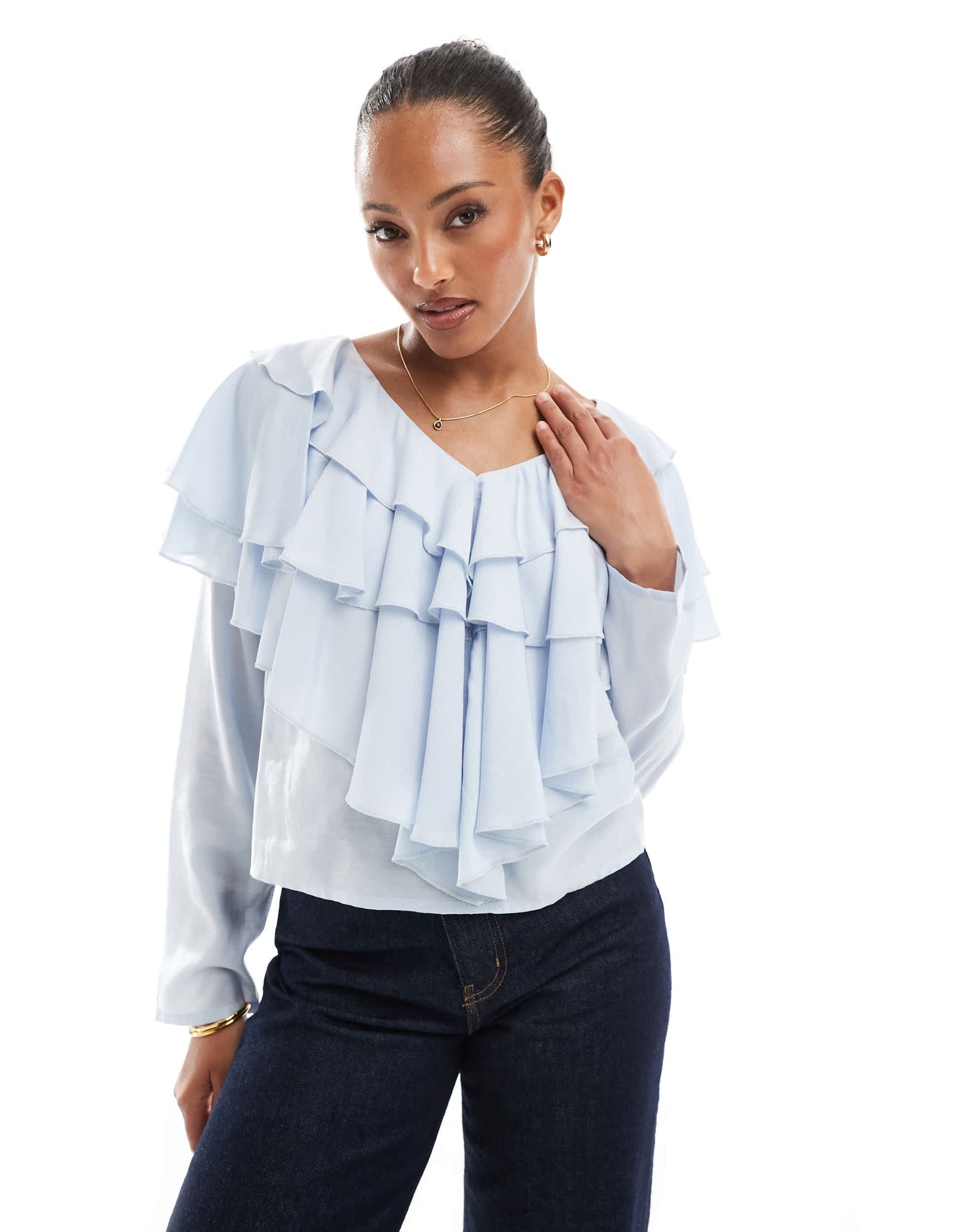 ASOS DESIGN v neck extreme ruffle blouse in blue