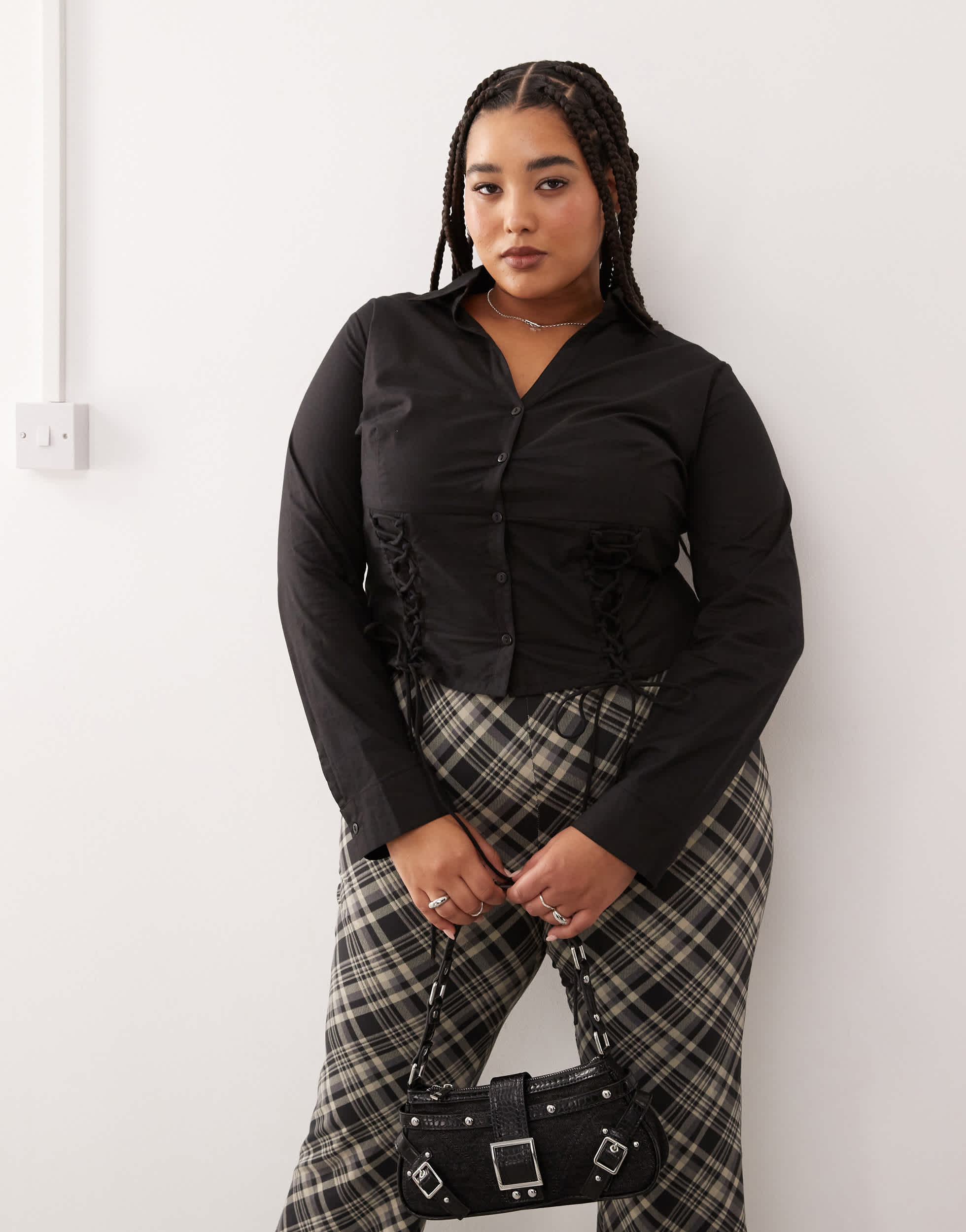 COLLUSION Plus fitted corset shirt with long sleeve in black