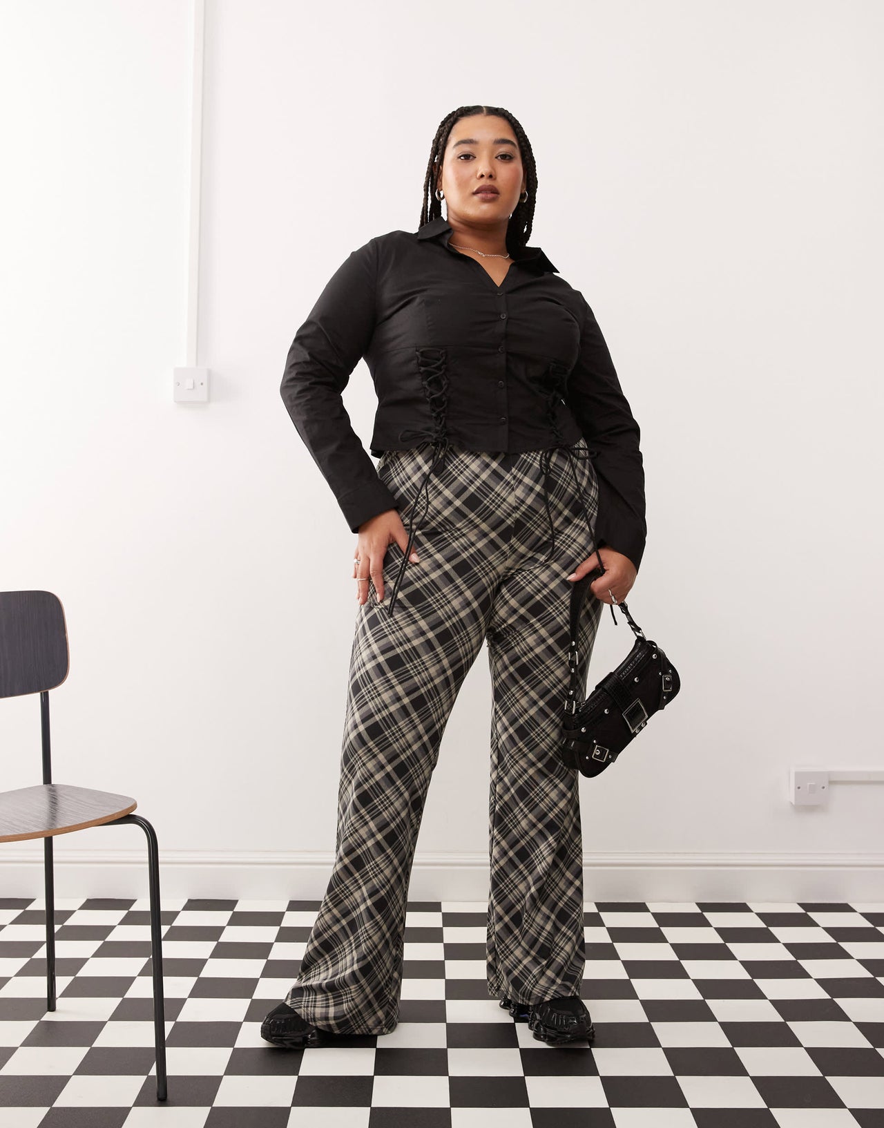 COLLUSION Plus fitted corset shirt with long sleeve in black