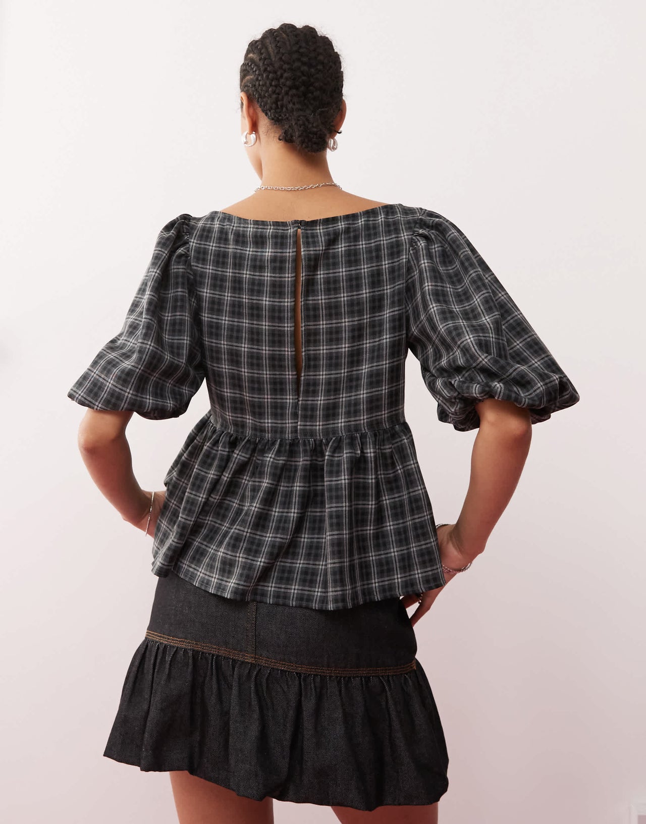 COLLUSION puff sleeve smock top with bunny tie detail in grey check