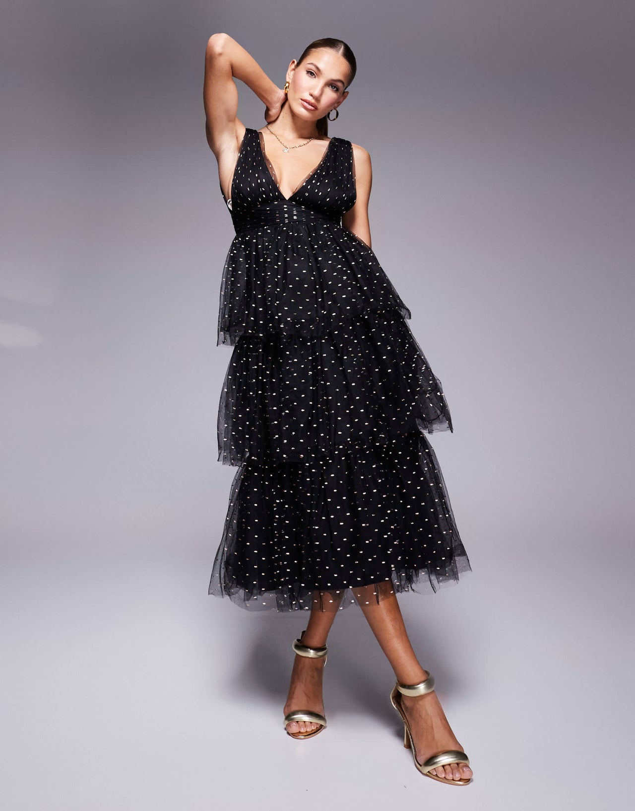 Lulus tiered midaxi dress in black spot