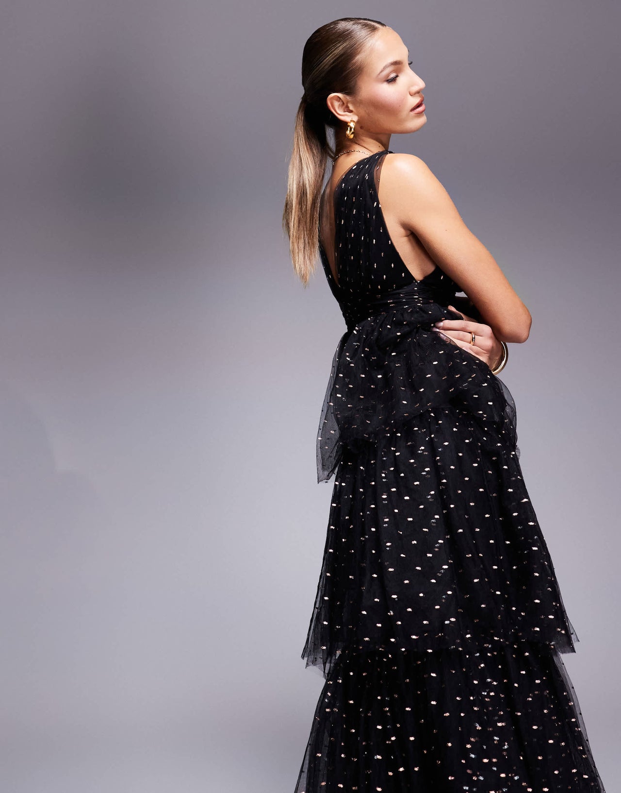 Lulus tiered midaxi dress in black spot