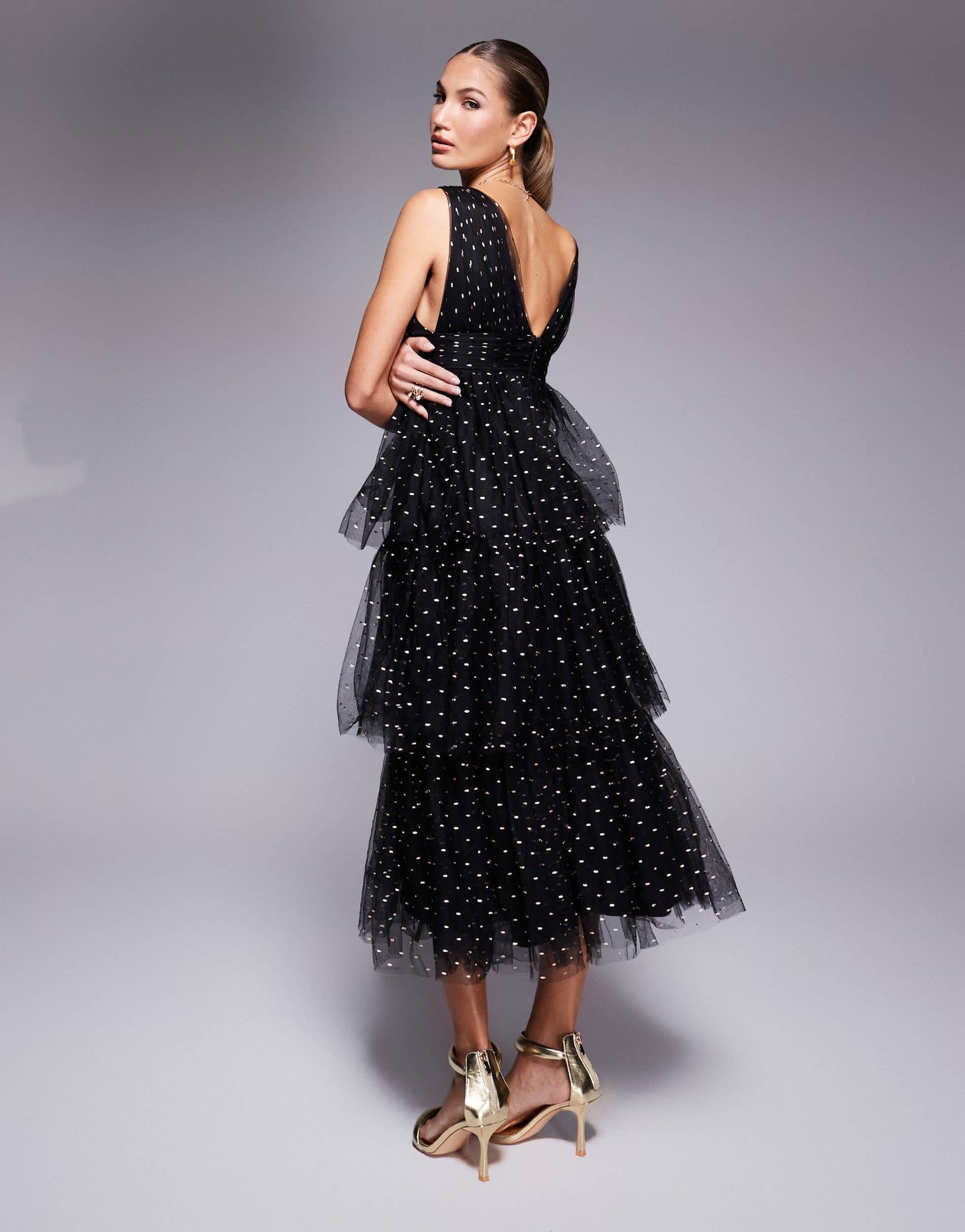 Lulus tiered midaxi dress in black spot