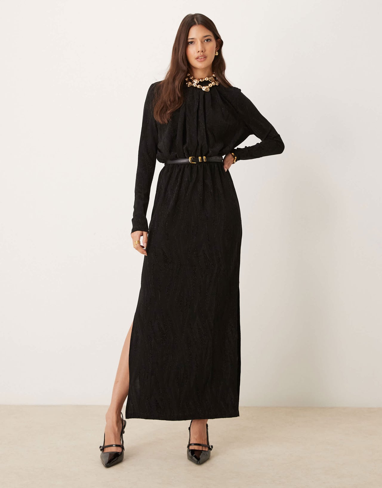 YAS textured long sleeve glitter maxi dress in black