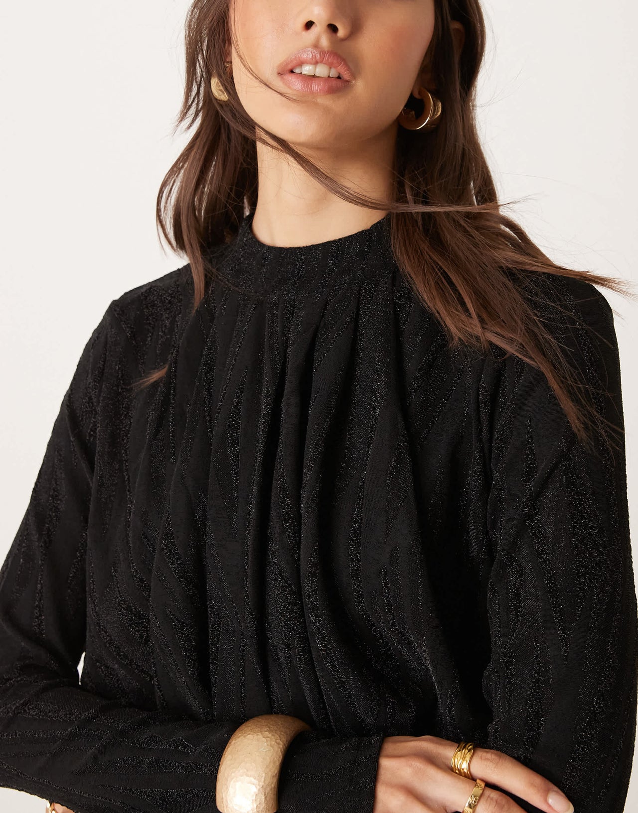 YAS textured long sleeve glitter maxi dress in black