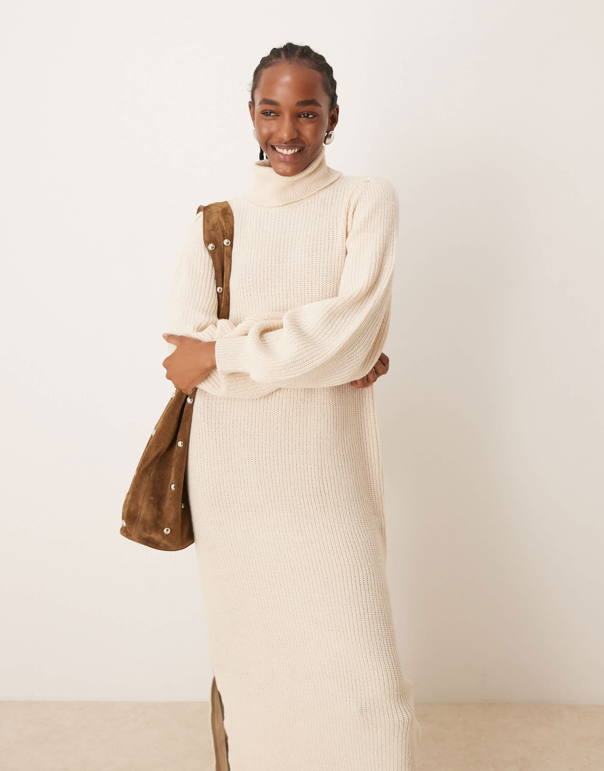 YAS roll neck long sleeve knit dress in birch
