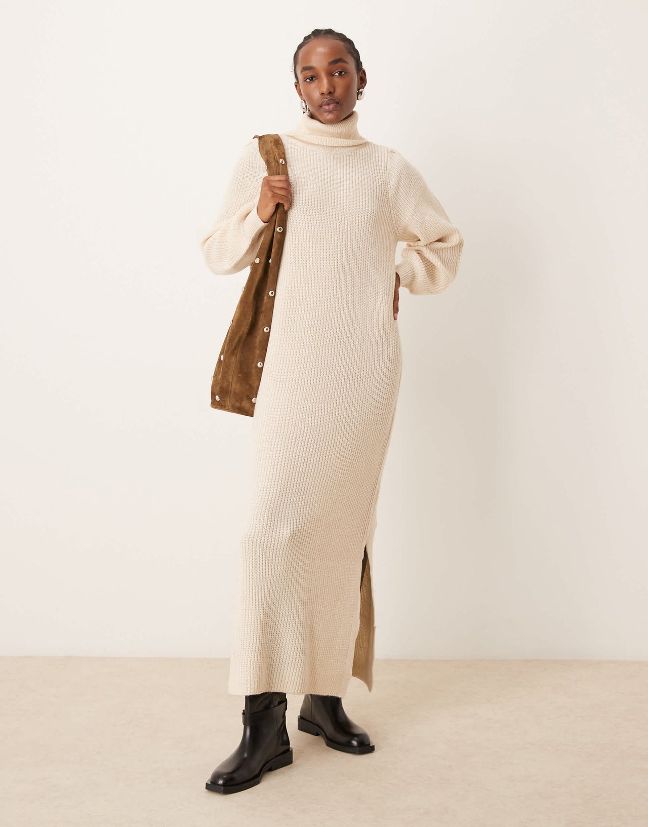 YAS roll neck long sleeve knit dress in birch