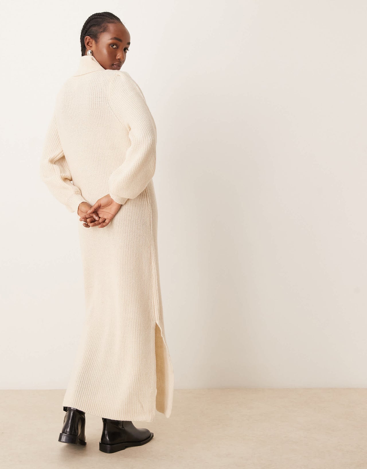 YAS roll neck long sleeve knit dress in birch
