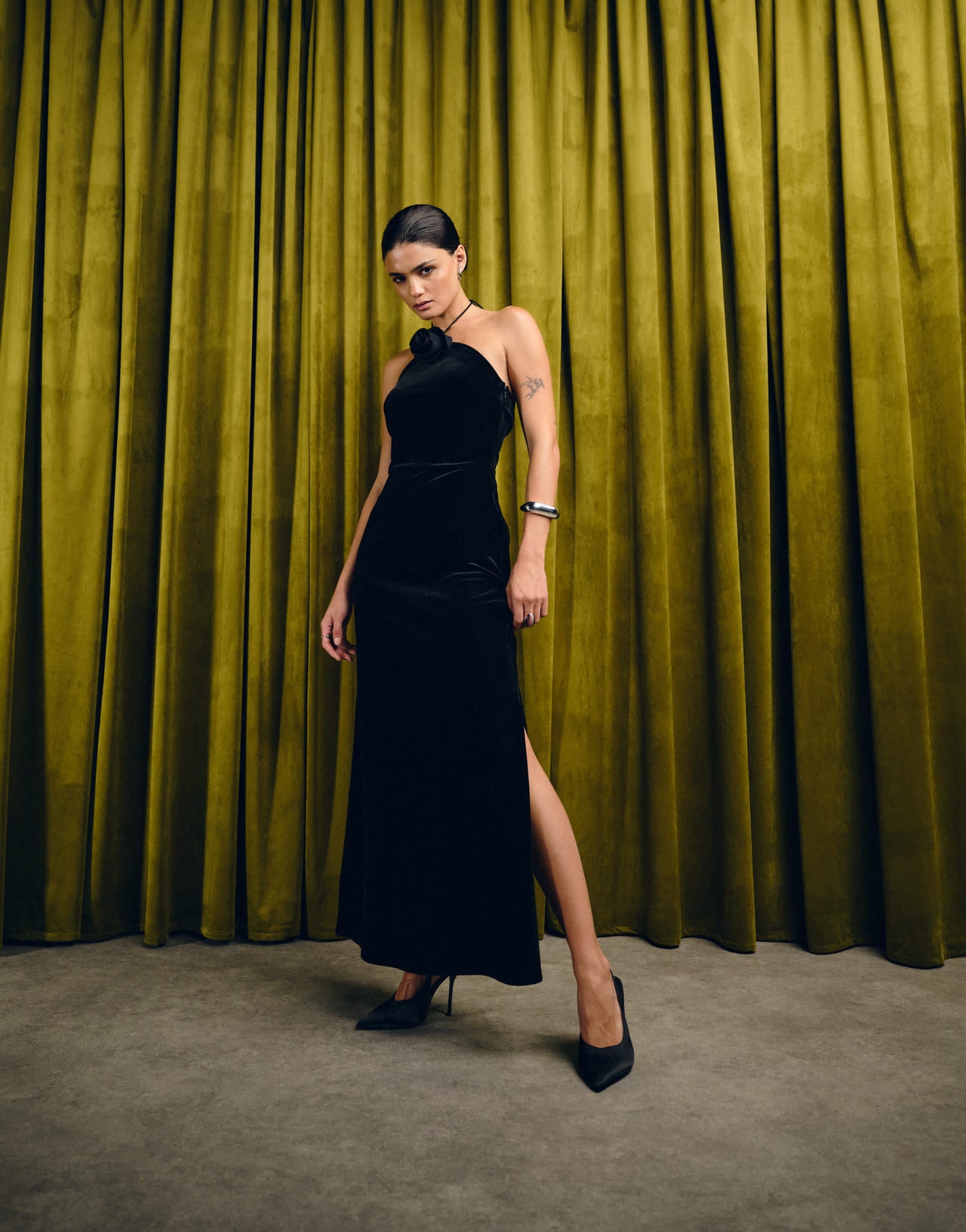 YAS velvet halterneck maxi dress with rosette in black