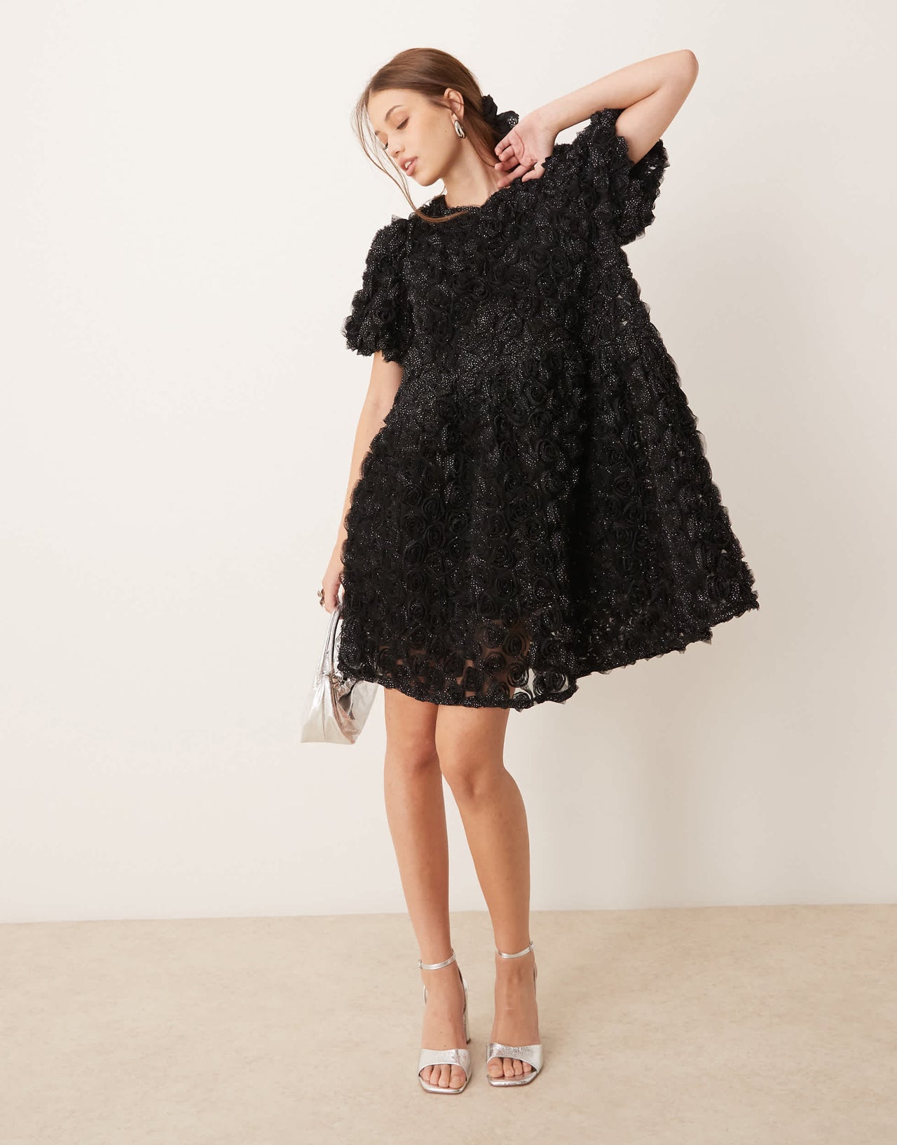 YAS 3D textured rose mini smock dress in black with silver shimmer