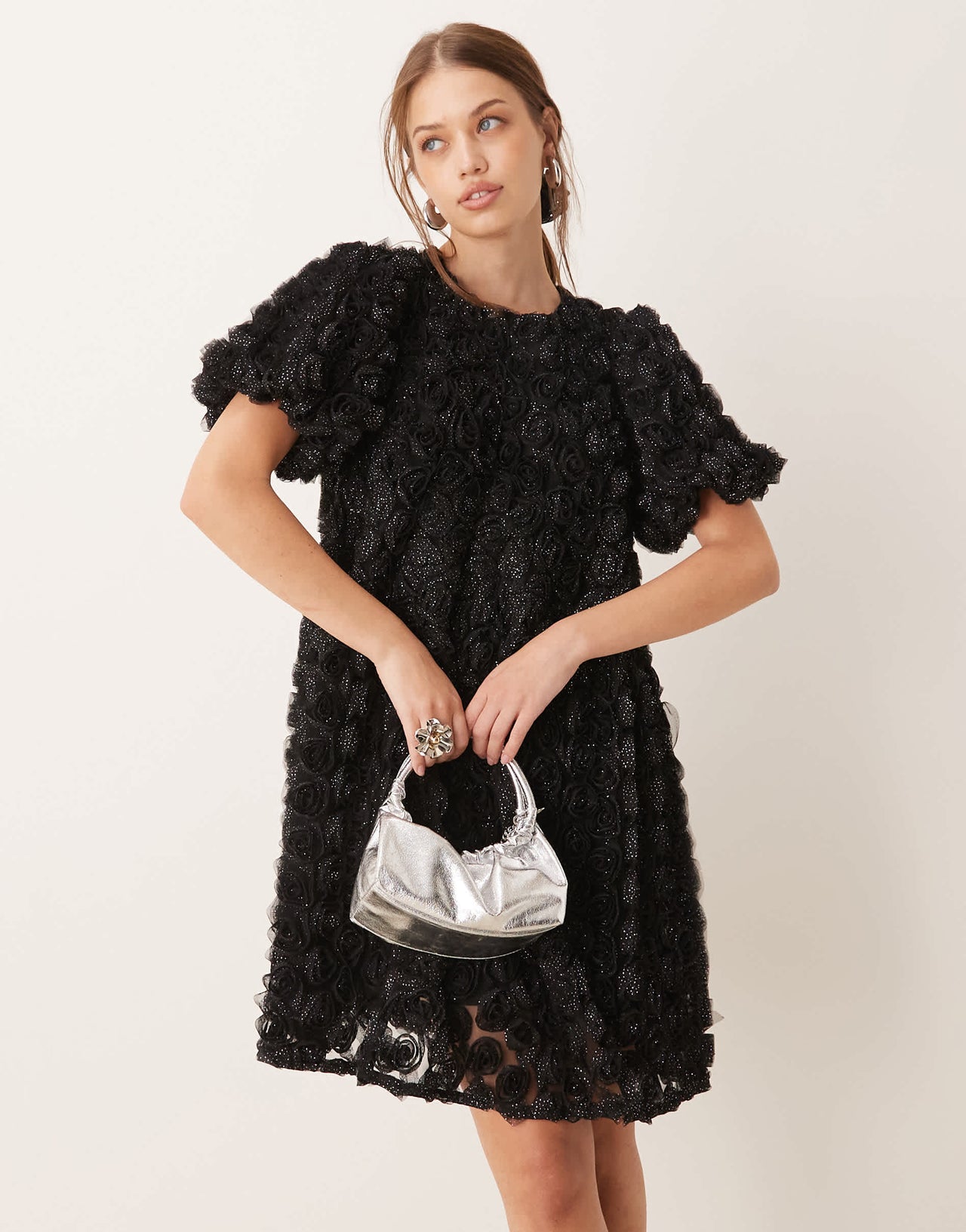 YAS 3D textured rose mini smock dress in black with silver shimmer