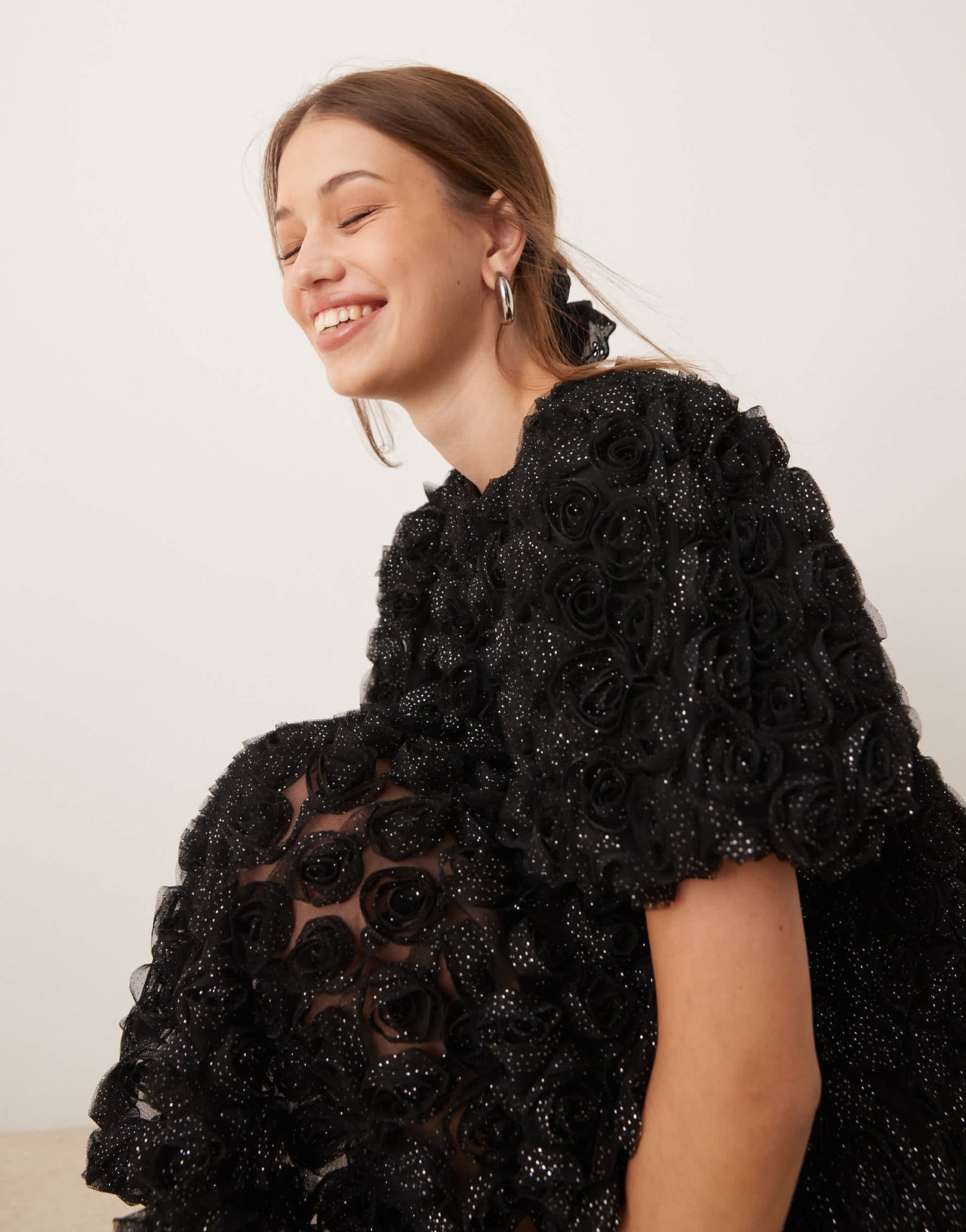 YAS 3D textured rose mini smock dress in black with silver shimmer