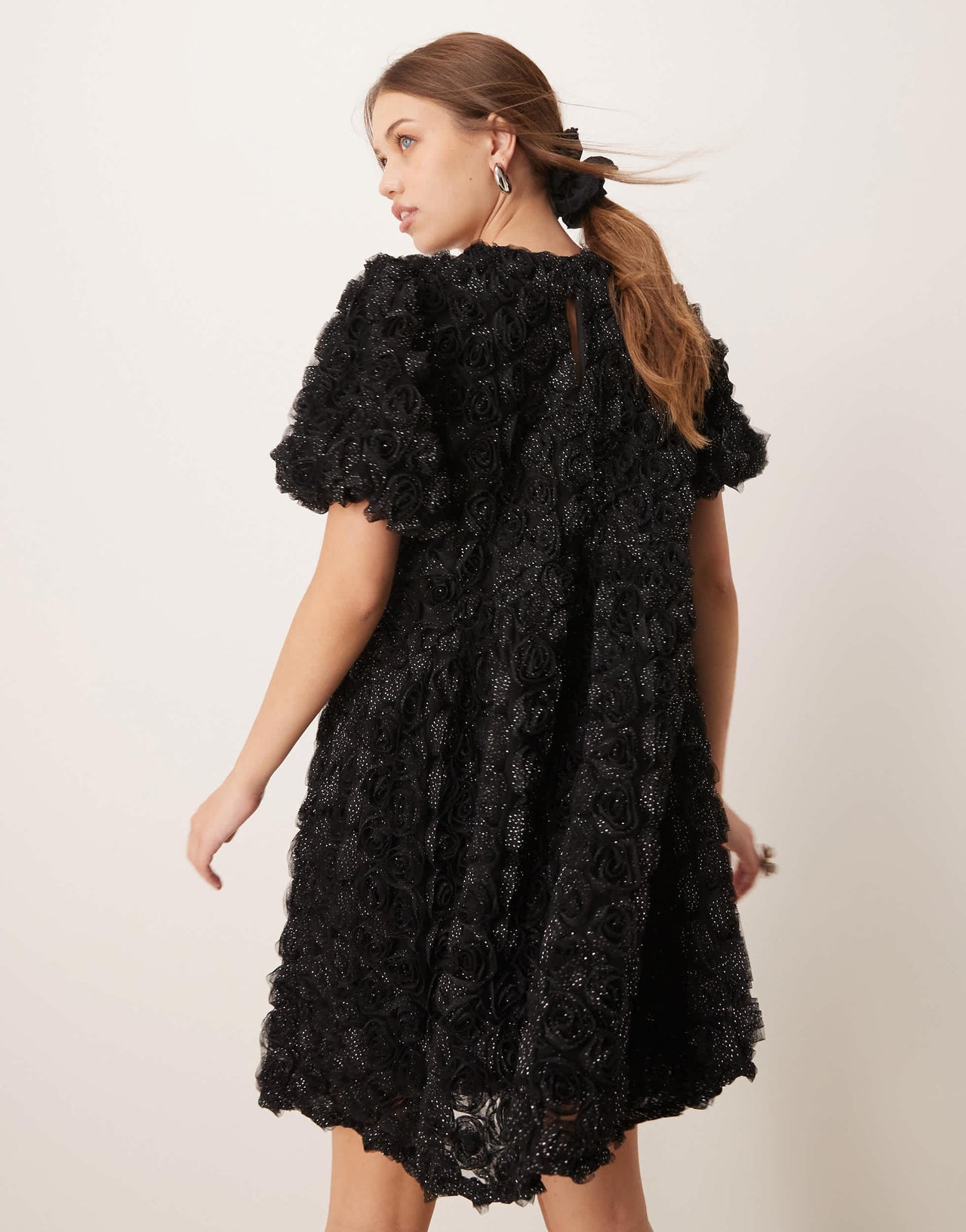 YAS 3D textured rose mini smock dress in black with silver shimmer