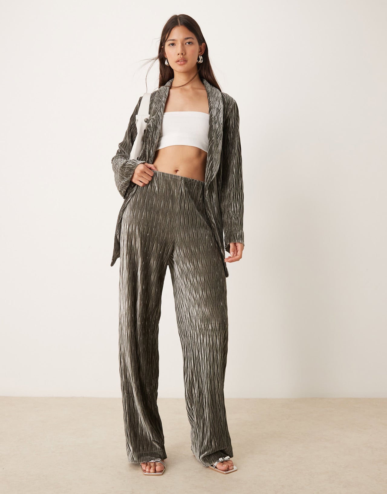 YAS high waisted textured velvet trousers co-ord in black ink