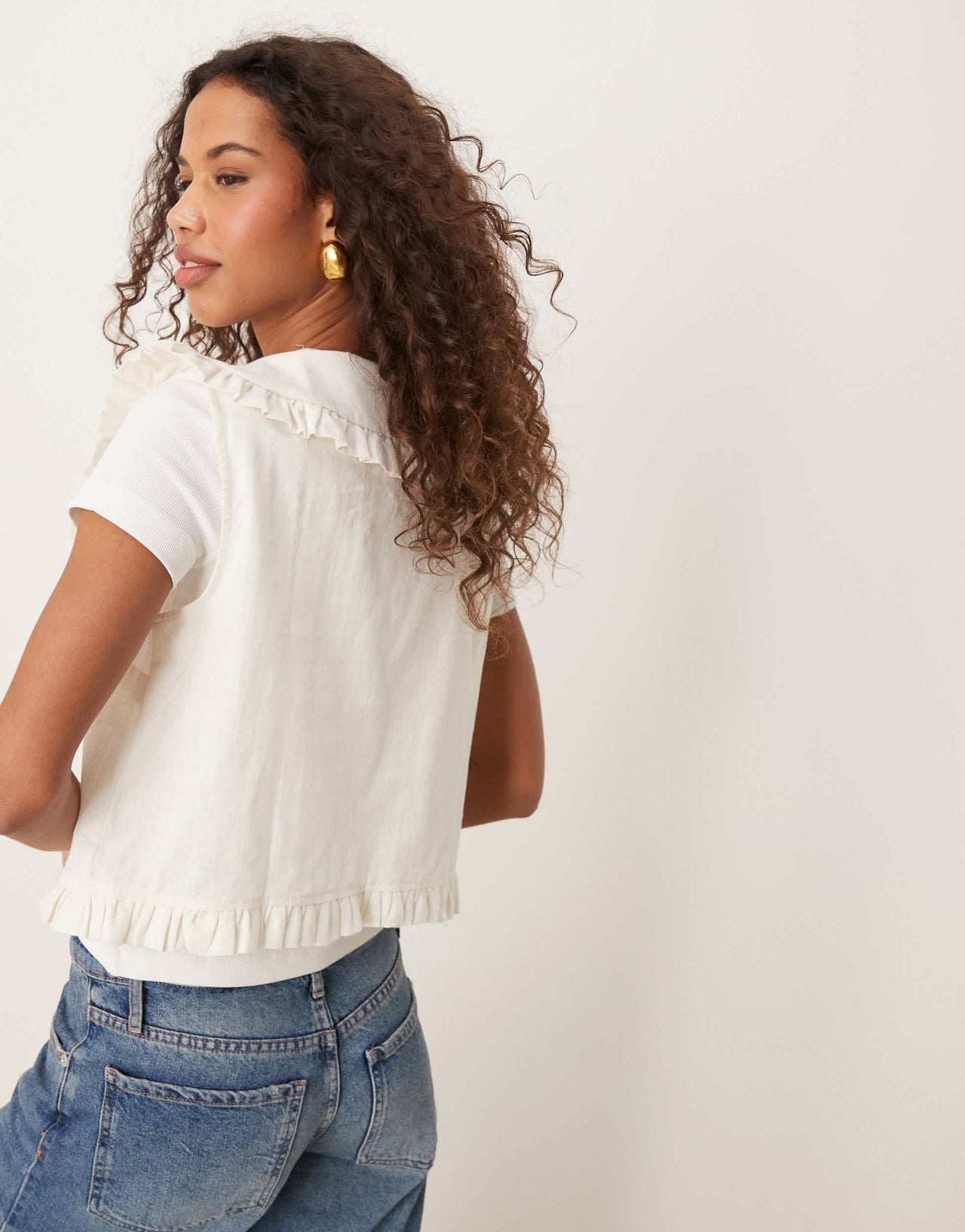 ASOS DESIGN linen look frill collar waistcoat in ivory