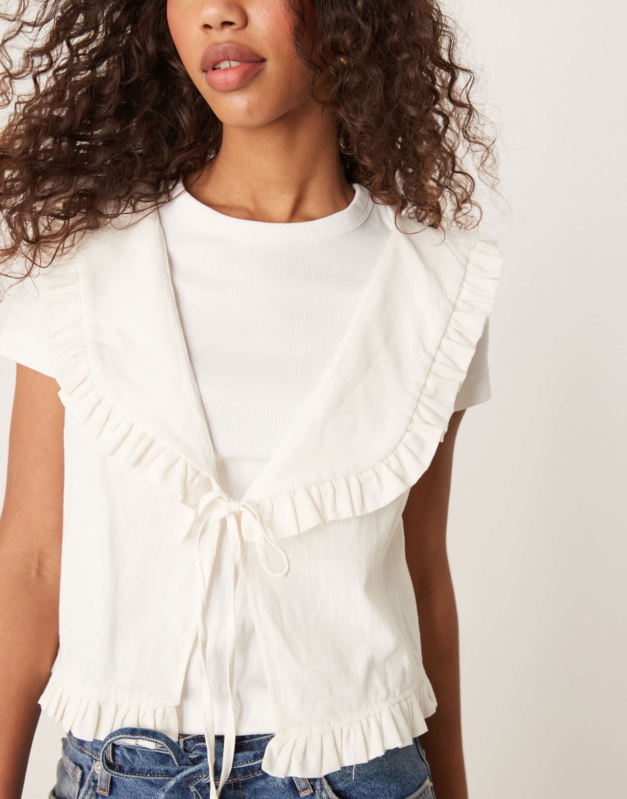 ASOS DESIGN linen look frill collar waistcoat in ivory