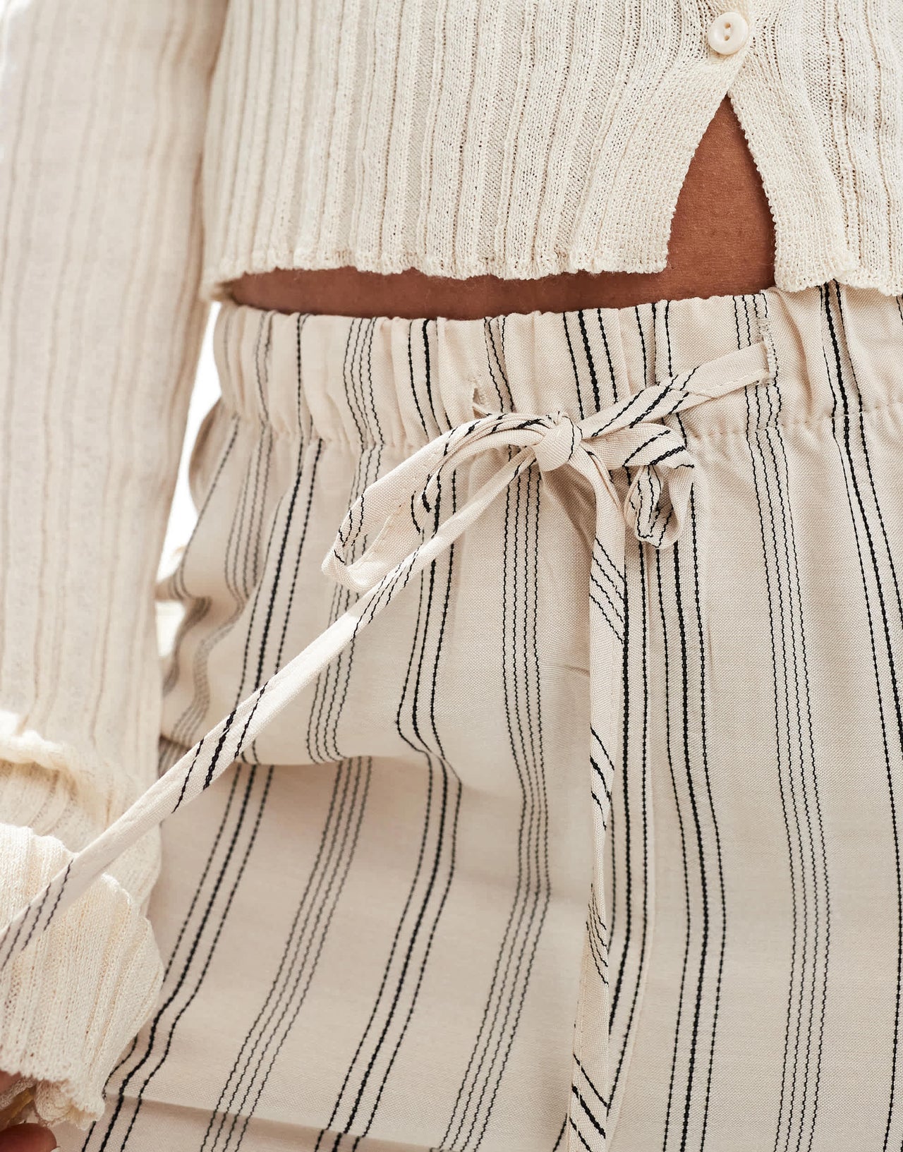 Pull&Bear striped wide leg trousers in ecru