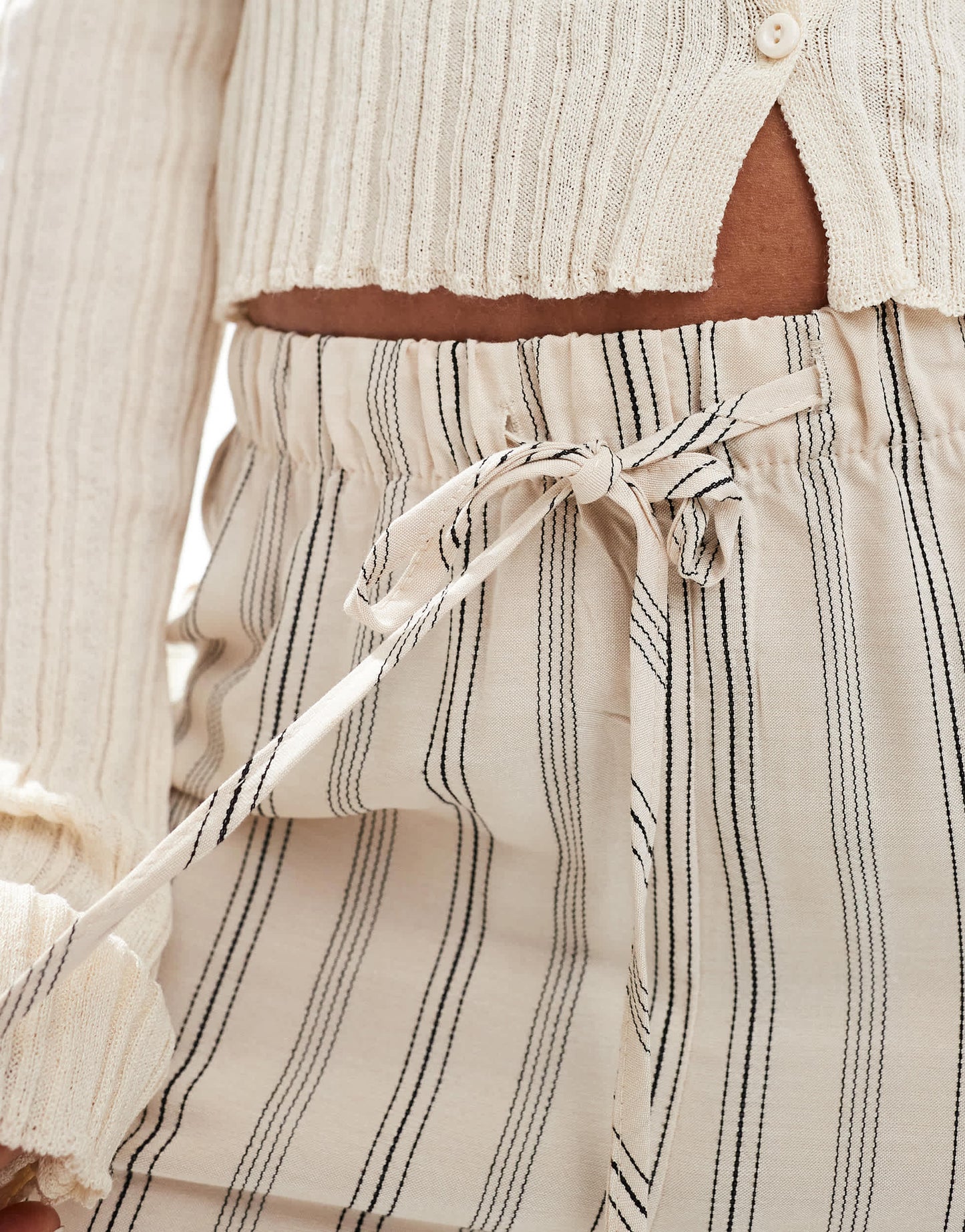 Pull&Bear striped wide leg trousers in ecru