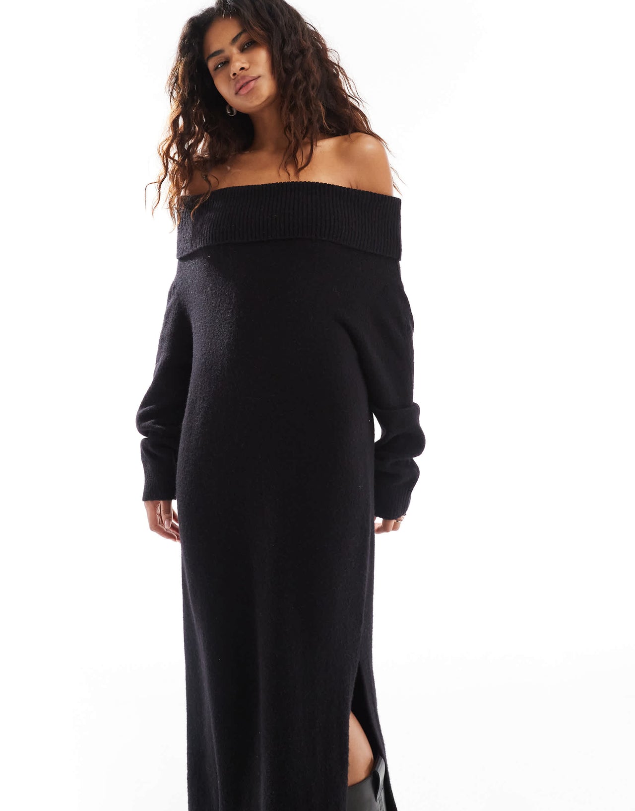 Weekday Malena bardot knitted maxi dress with side split in black exclusive to ASOS