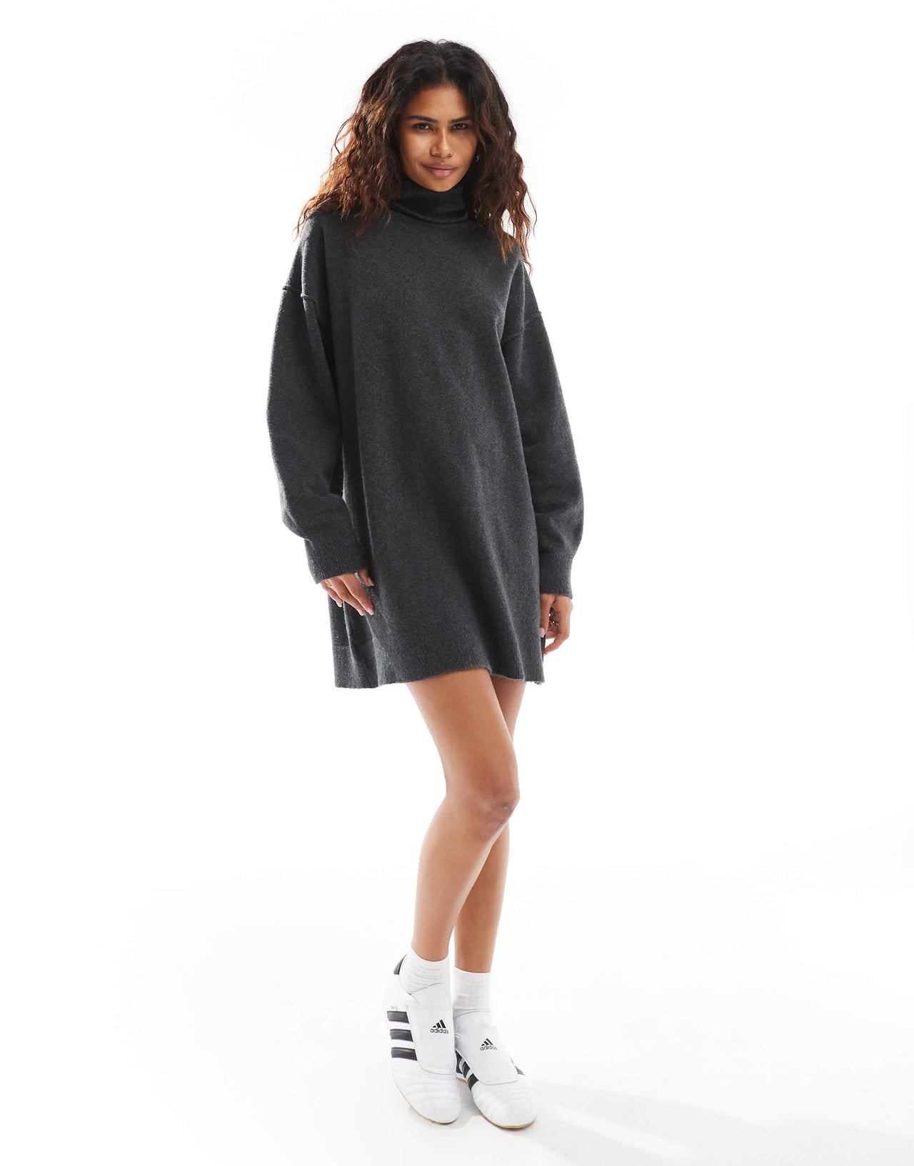 Weekday Annie wool blend roll neck knitted mini dress in black melange exclusive to ASOS
