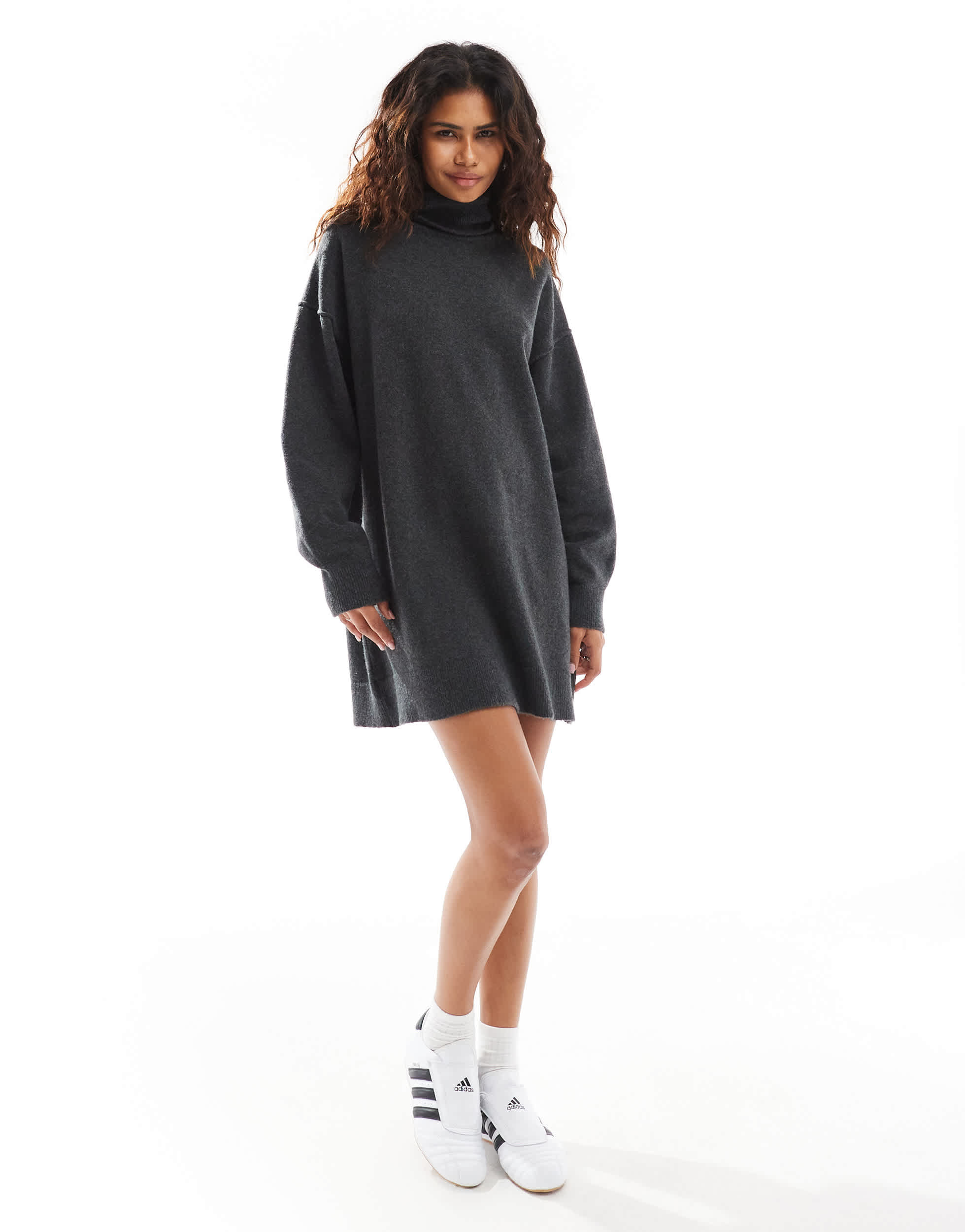 Weekday Annie wool blend roll neck knitted mini dress in black melange exclusive to ASOS