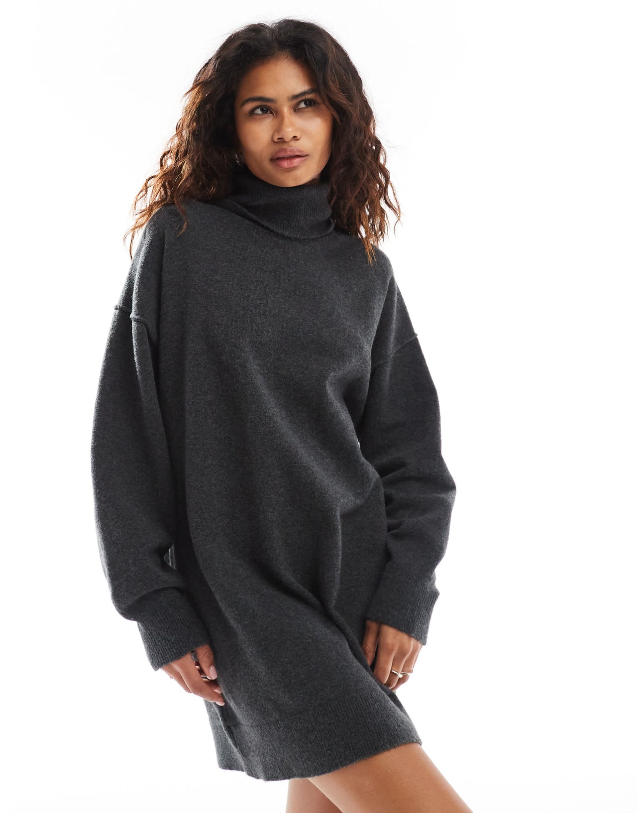 Weekday Annie wool blend roll neck knitted mini dress in black melange exclusive to ASOS