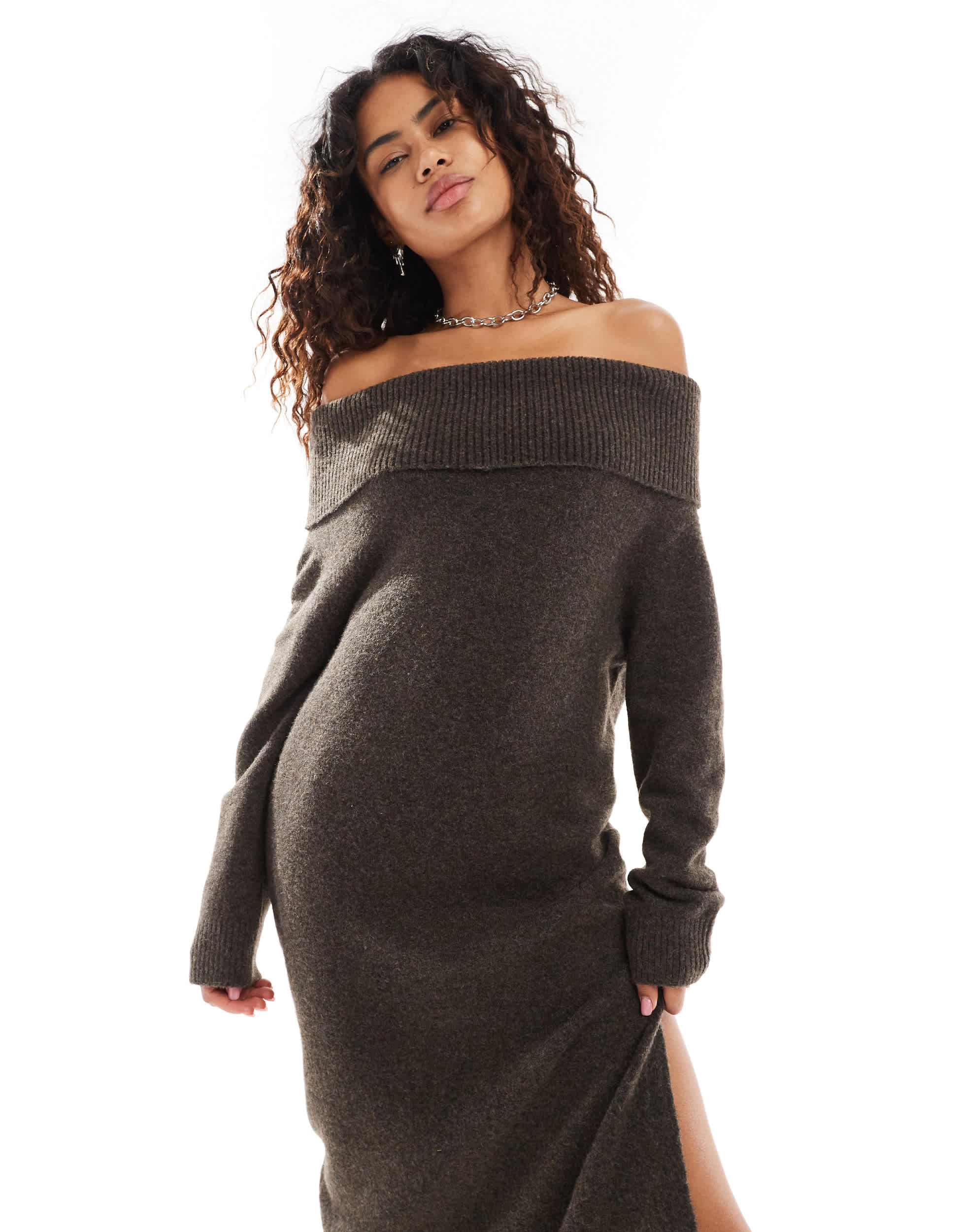 Weekday Malena bardot knitted maxi dress with side split in brown melange exclusive to ASOS