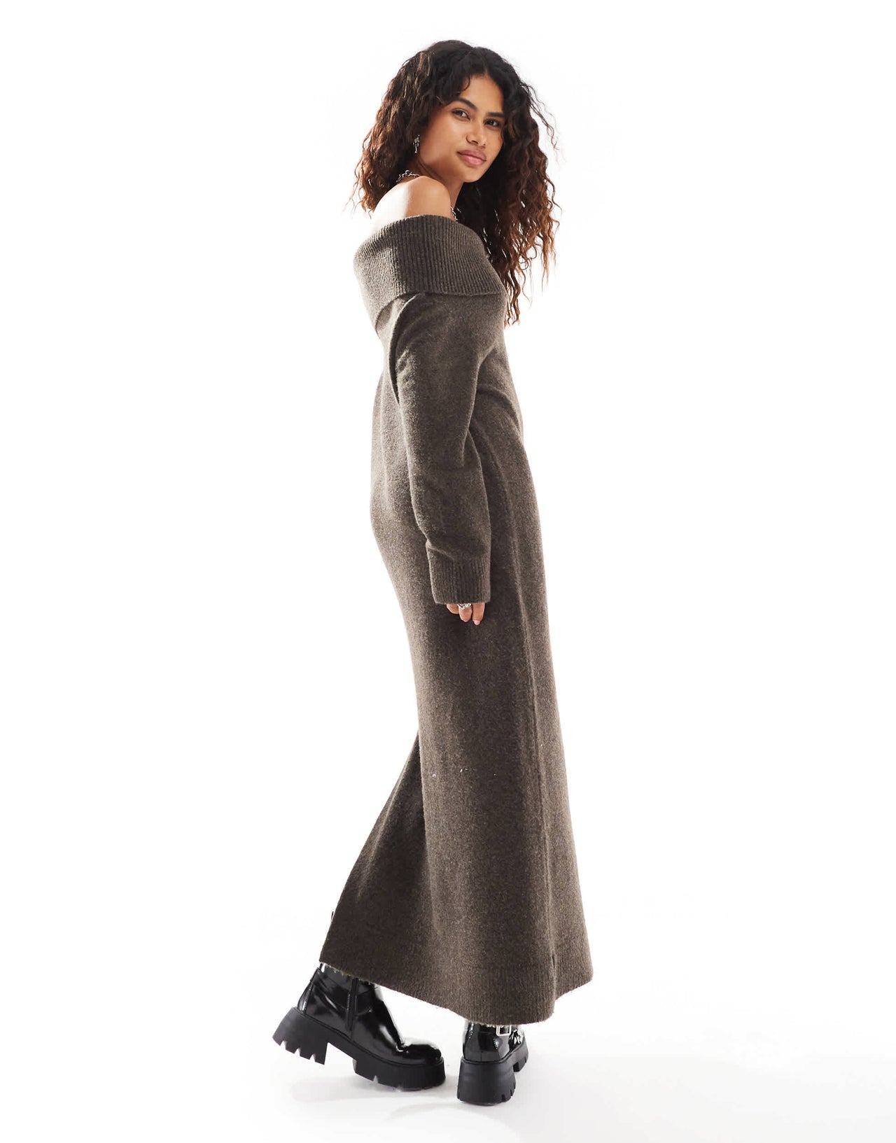 Weekday Malena bardot knitted maxi dress with side split in brown melange exclusive to ASOS