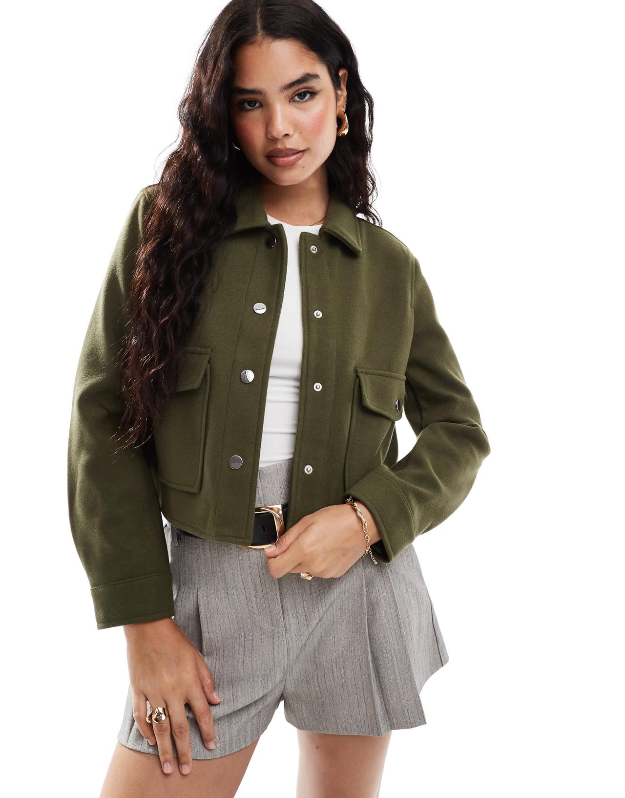 Stradivarius boxy wool look jacket in green