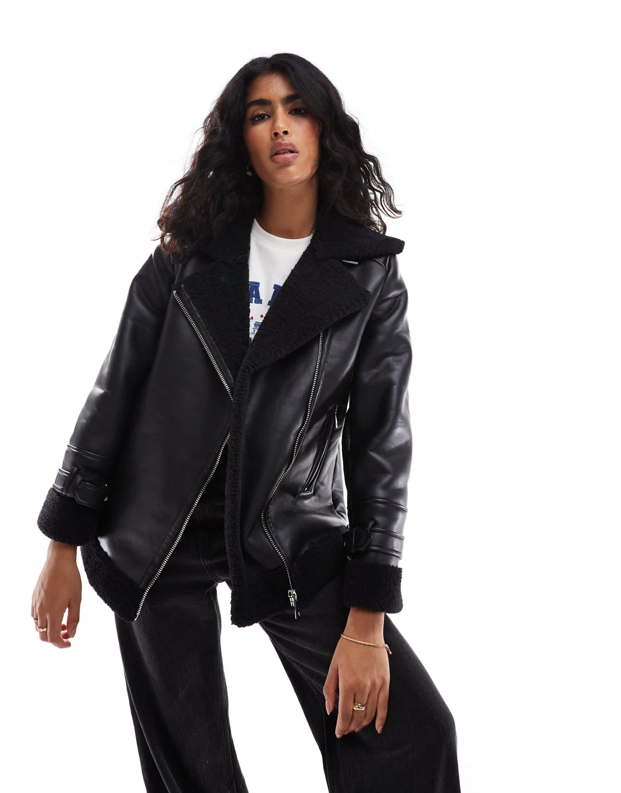 Stradivarius oversized borg lined aviator in black
