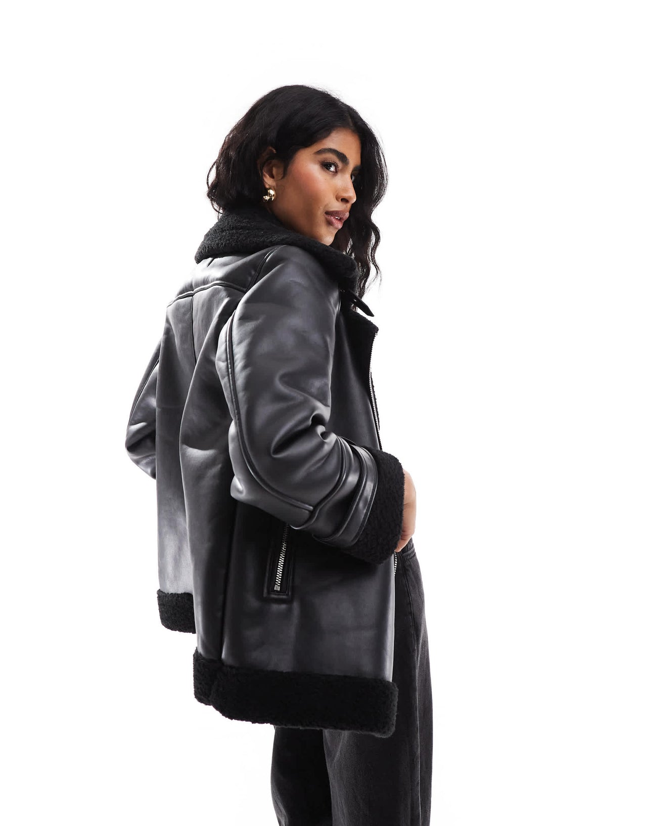 Stradivarius oversized borg lined aviator in black