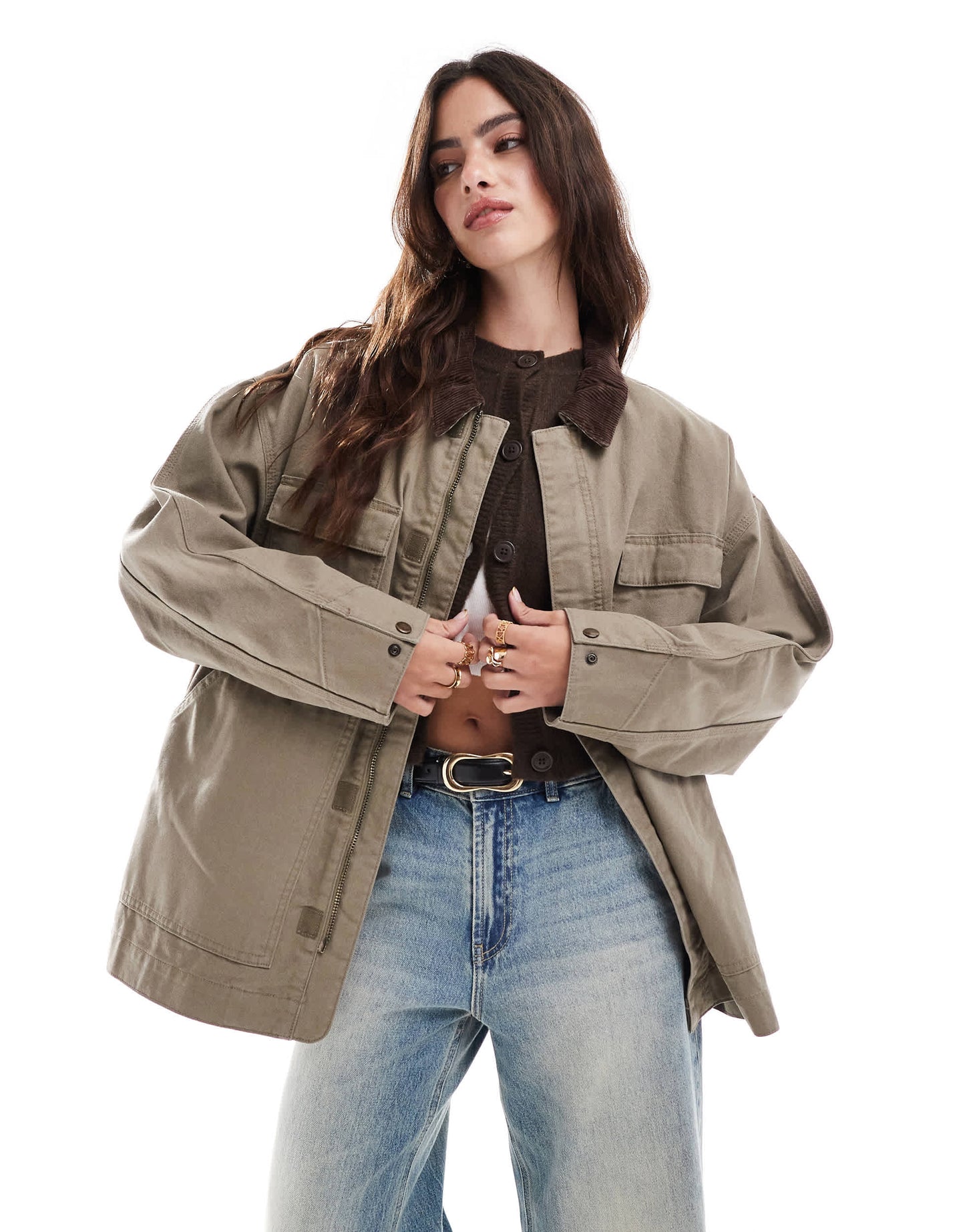 Stradivarius STR barn jacket with corduroy collar detail  in khaki