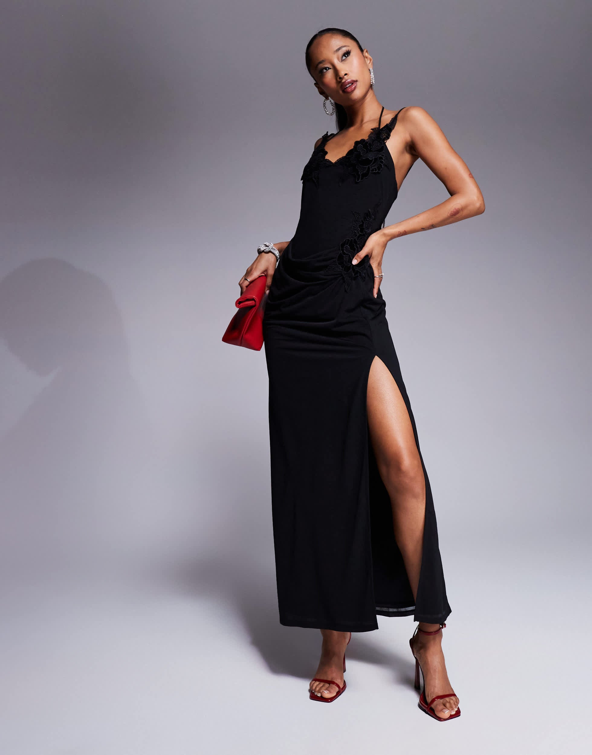 ASOS DESIGN floral applique detail draped cowl midi dress with skinny straps in black