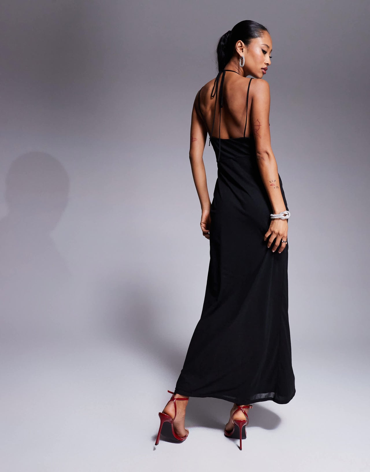 ASOS DESIGN floral applique detail draped cowl midi dress with skinny straps in black