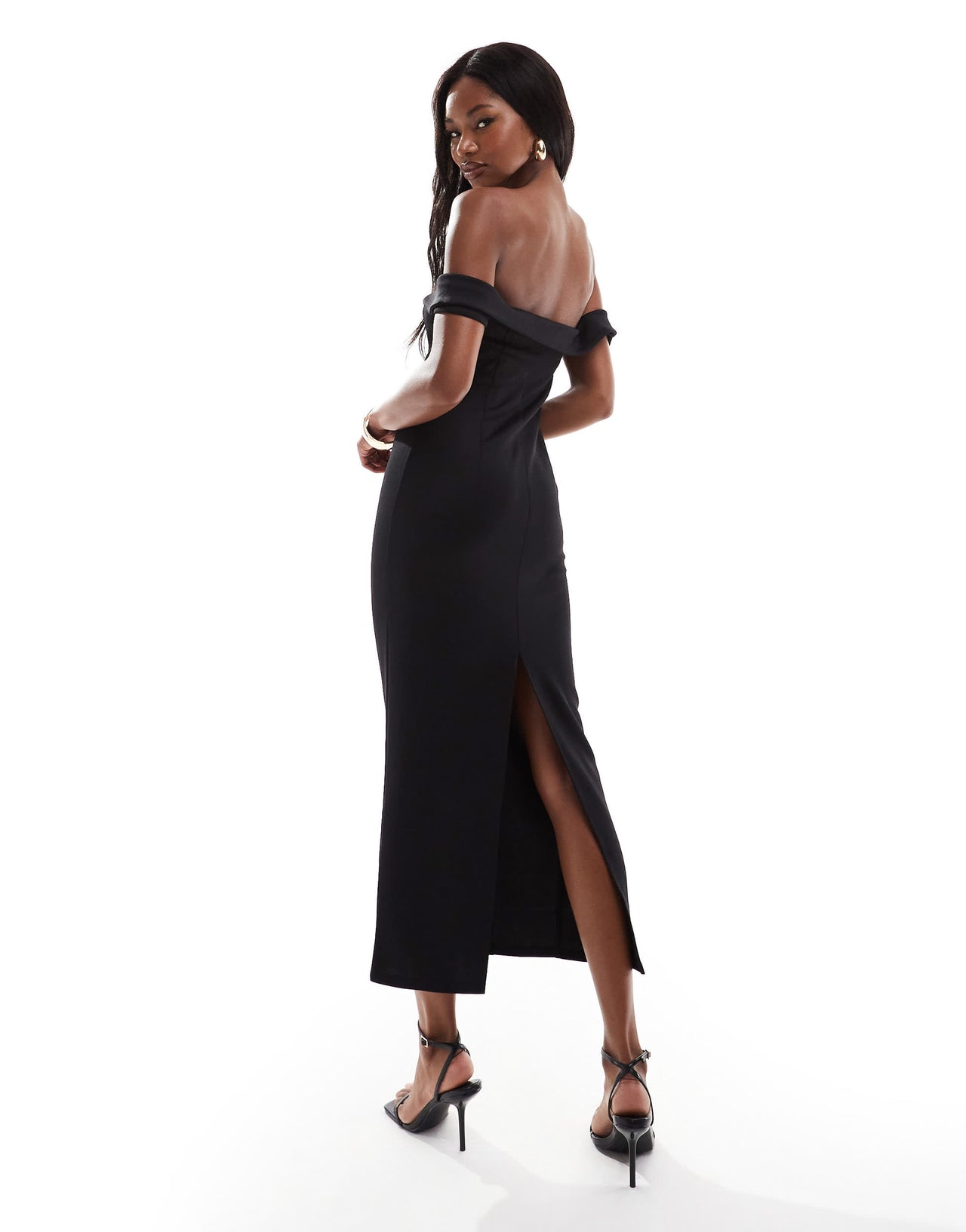 ASOS DESIGN  sweetheart bardot midi dress in black in scuba-style fabric