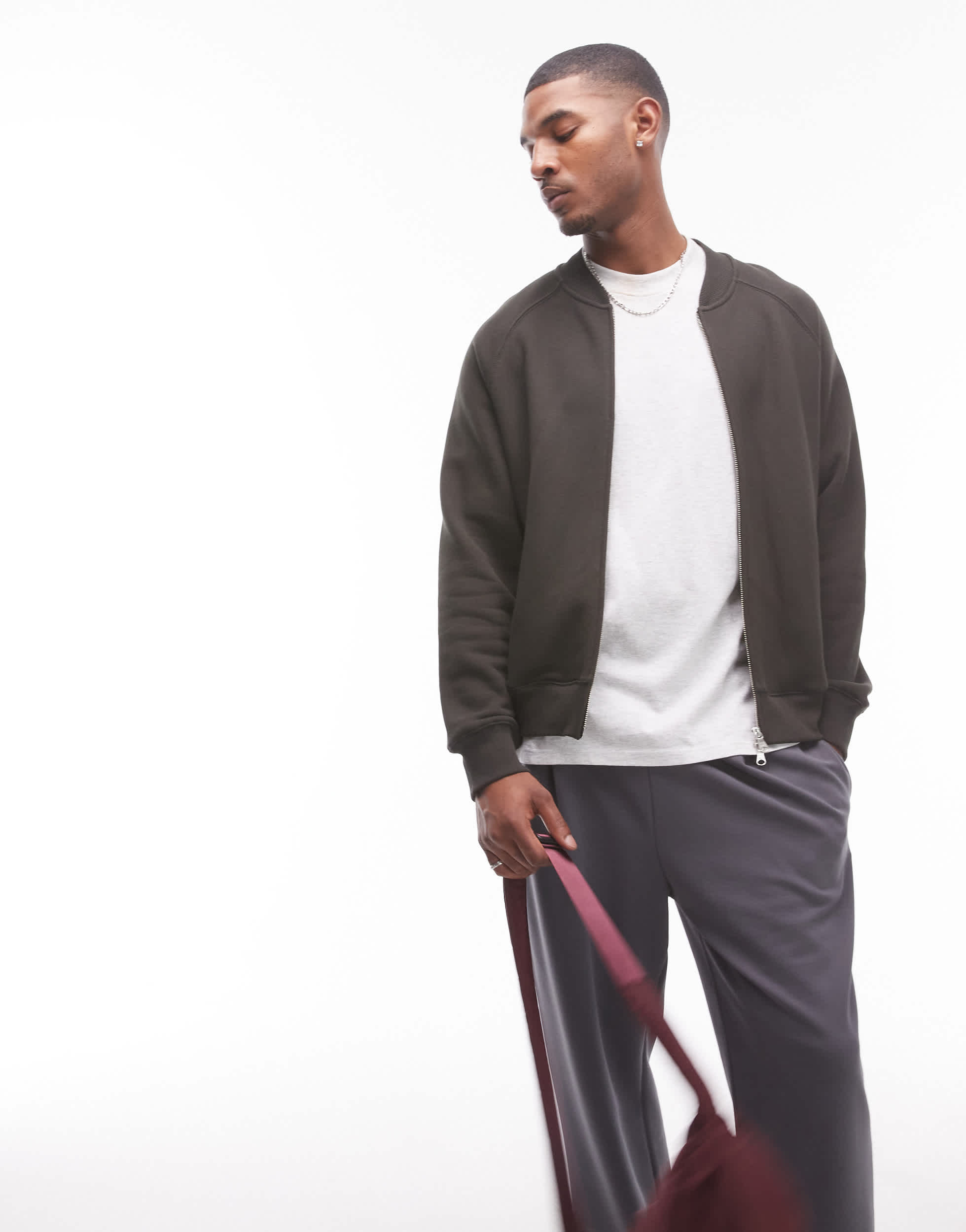 ARKET jersey sweat zip front cardigan in dark green