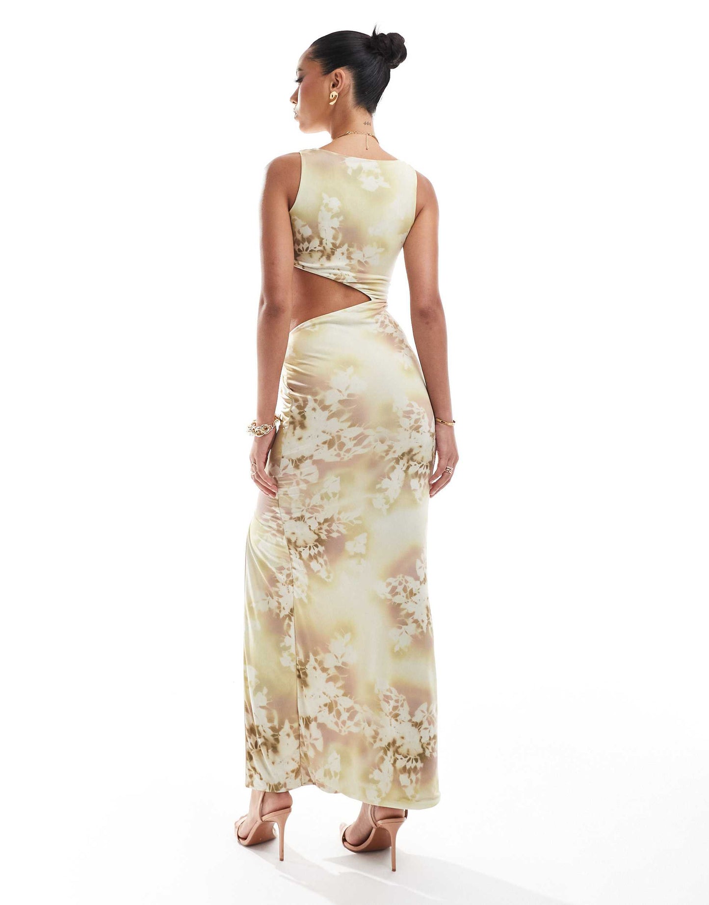 ASOS DESIGN slinky square neck maxi dress with sarong knot detail skirt in yellow smokey floral