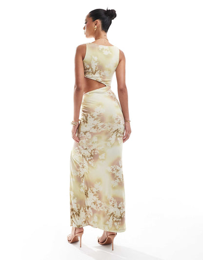 ASOS DESIGN slinky square neck maxi dress with sarong knot detail skirt in yellow smokey floral