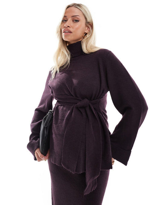 Mamalicious maternity knitted roll neck jumper co-ord with tie waist in plum