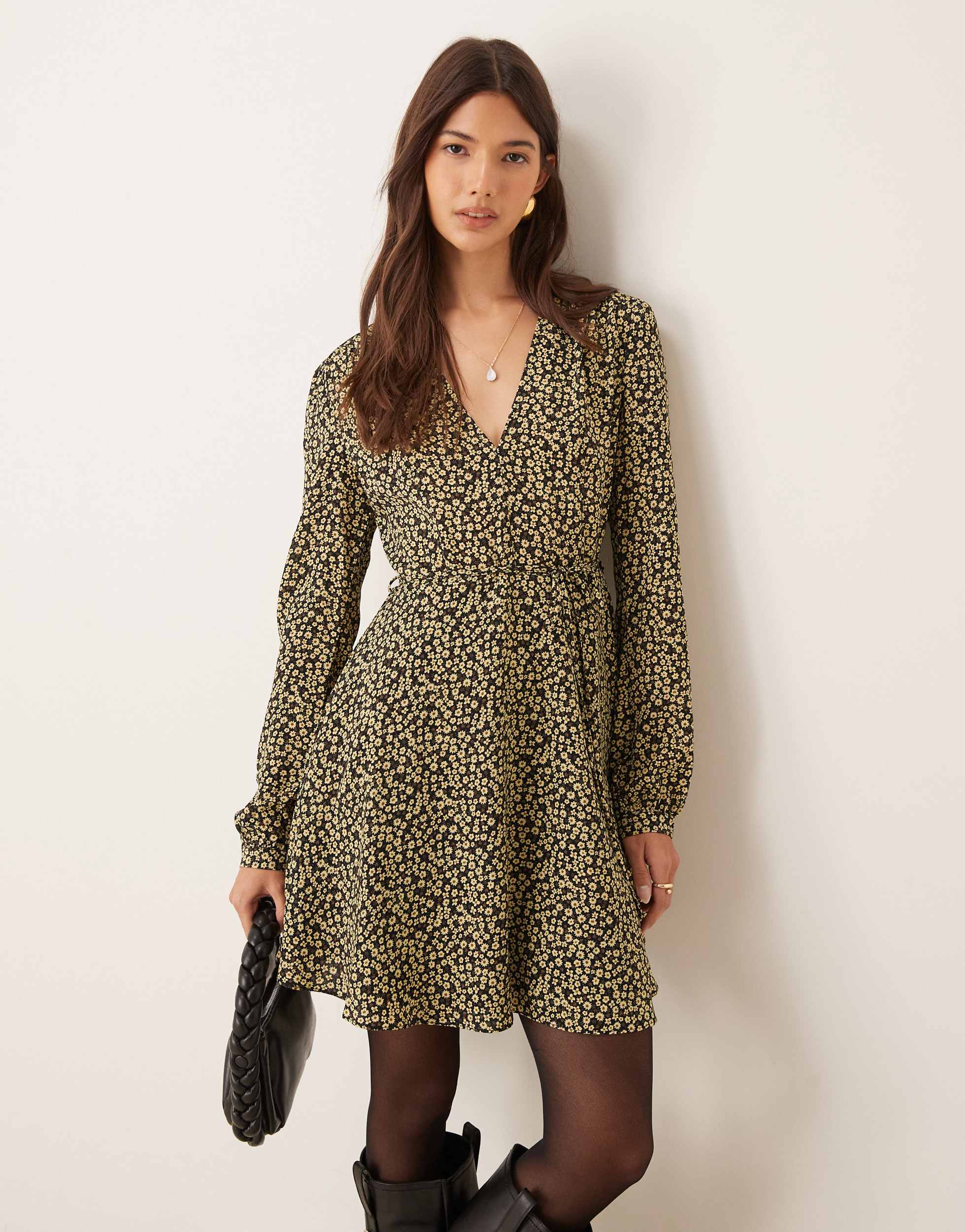Glamorous long sleeve v neck mini dress in black and yellow ditsy floral