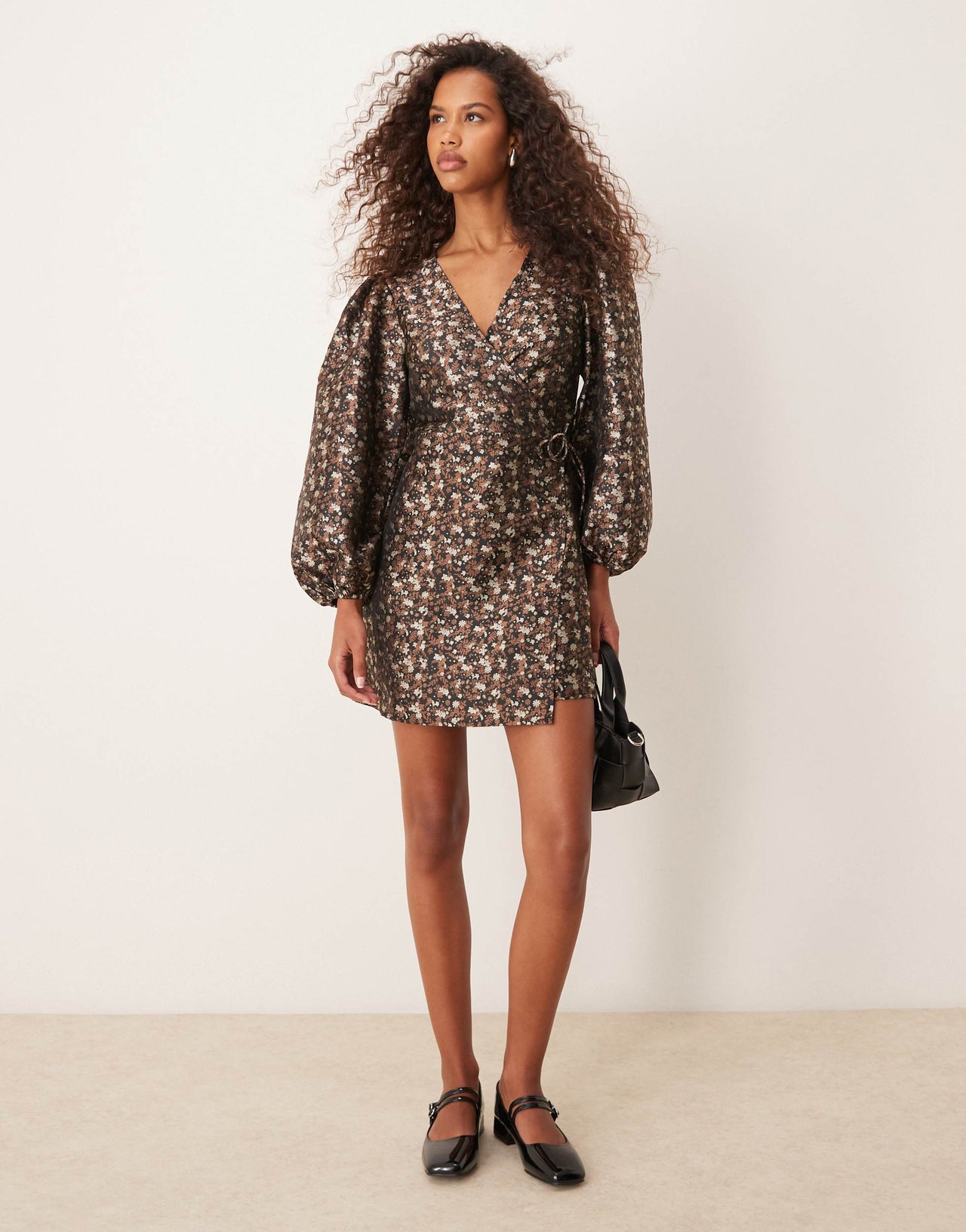 Glamorous v neck balloon sleeve mini dress with front wrap in 70's black floral