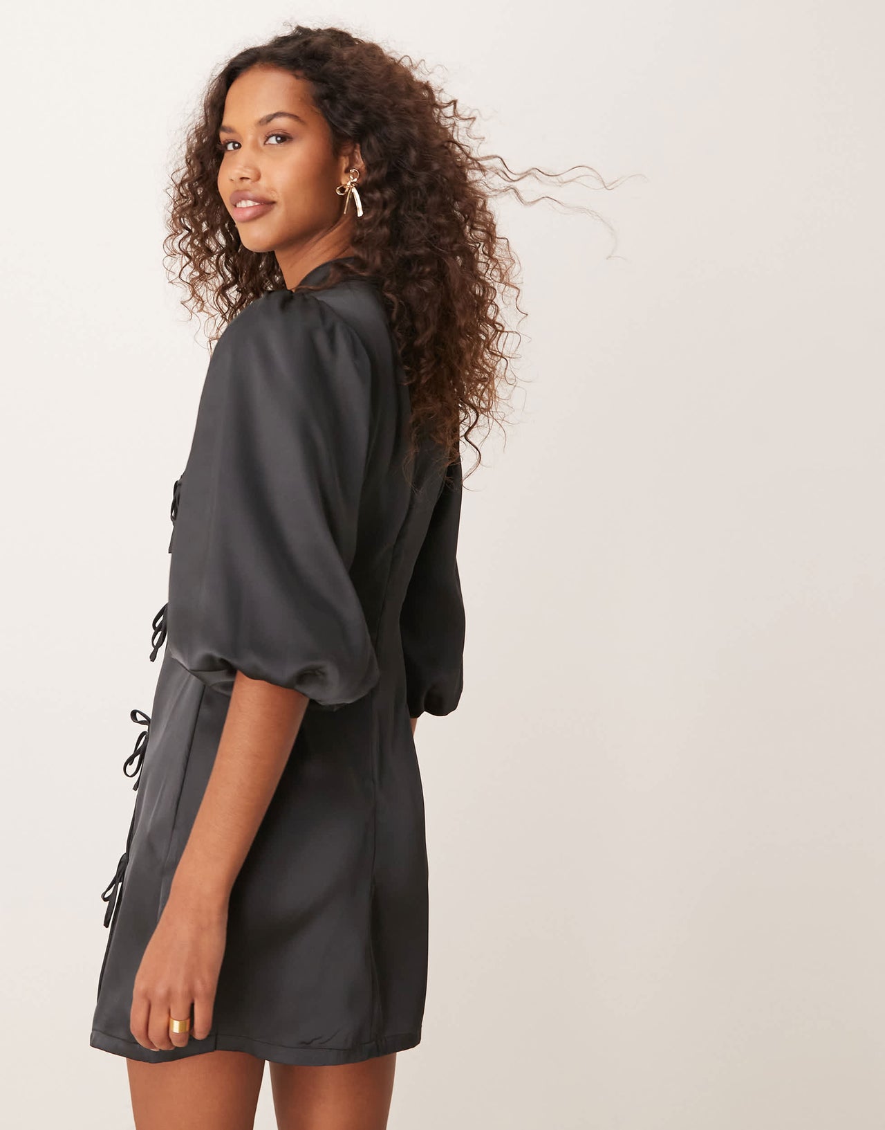 Glamorous short puff sleeve mini dress with side tie detail in black