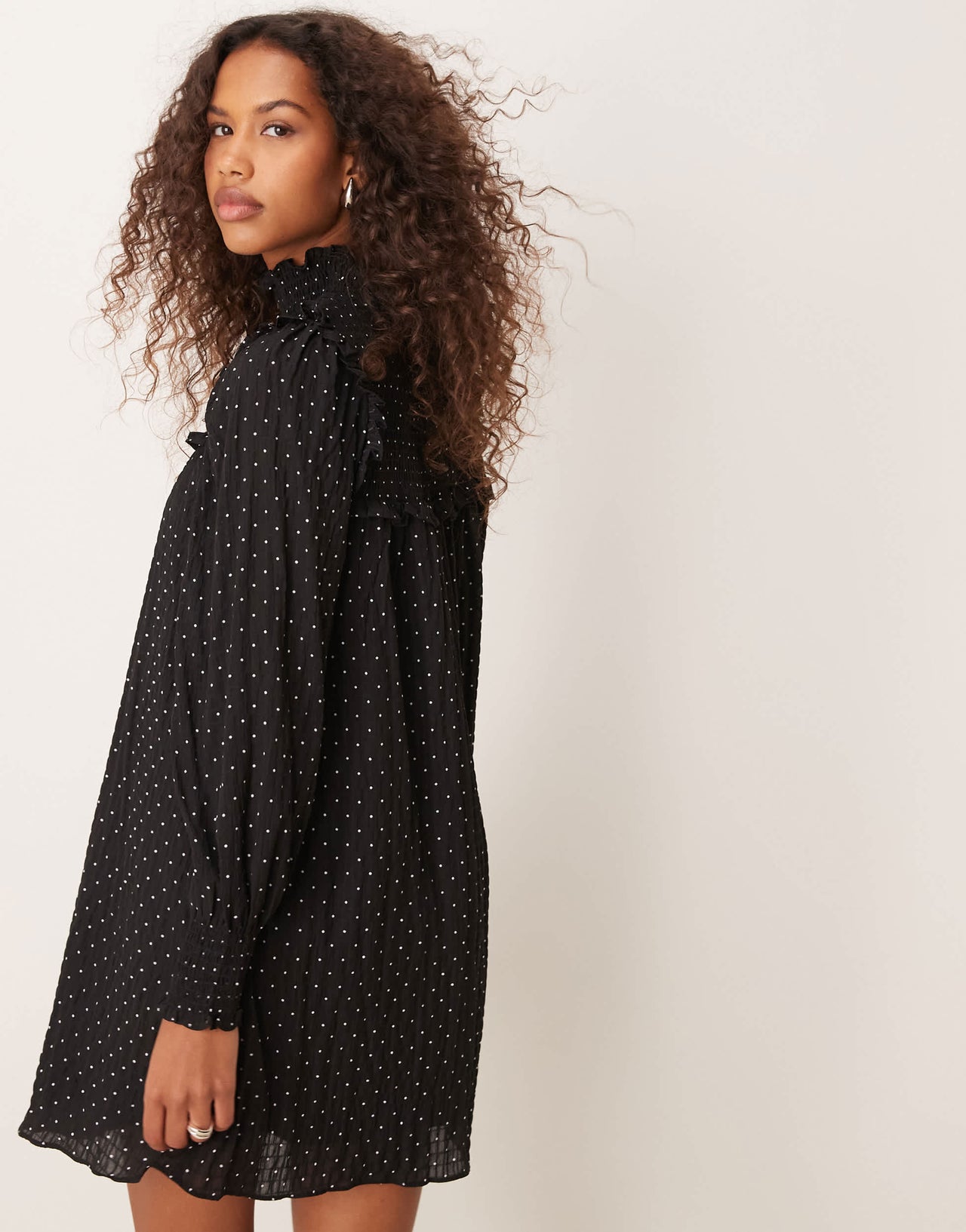 Glamorous smock ruffle high neck mini dress in polka dot