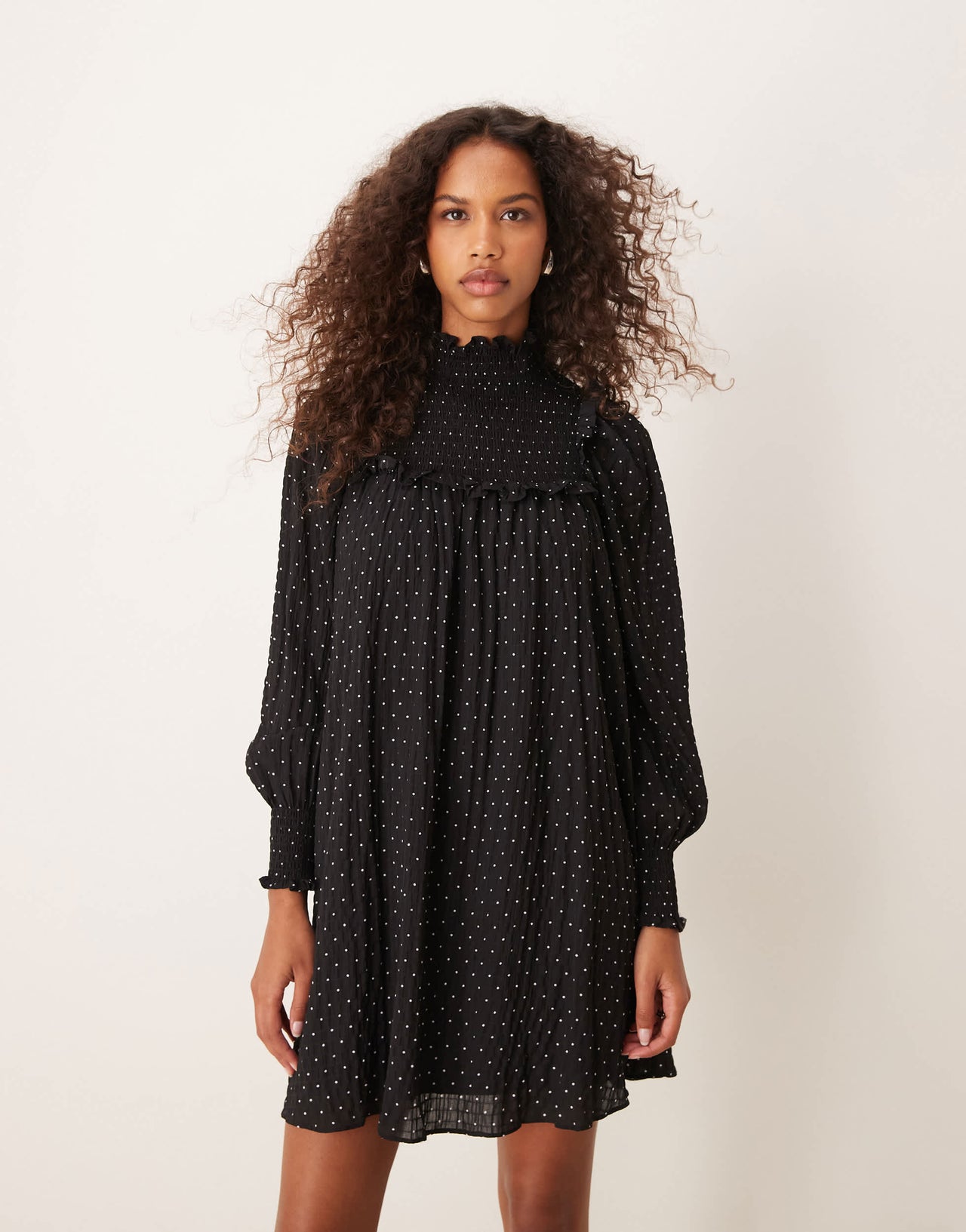 Glamorous smock ruffle high neck mini dress in polka dot