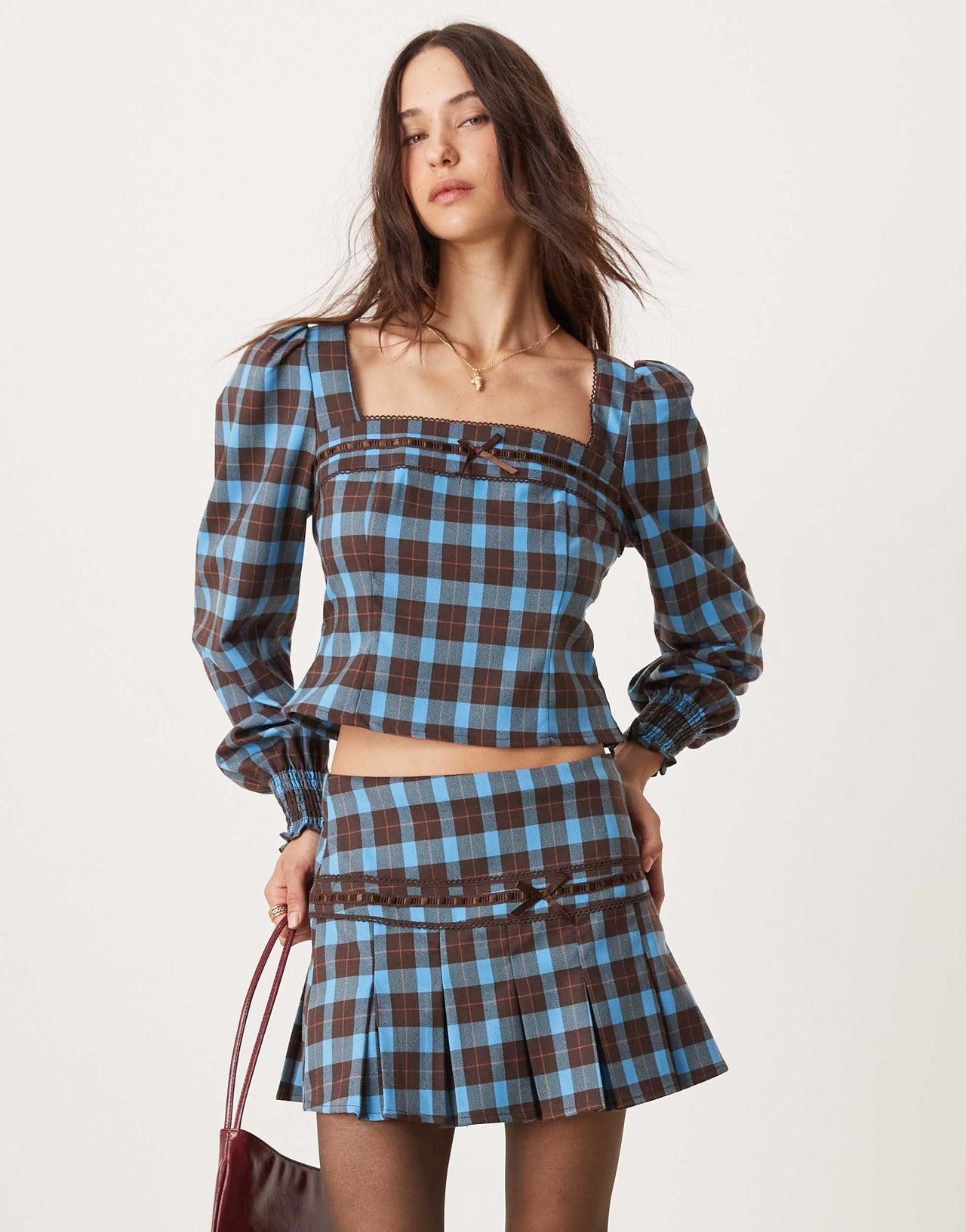 Glamorous blue and brown check mini skirt co-ord