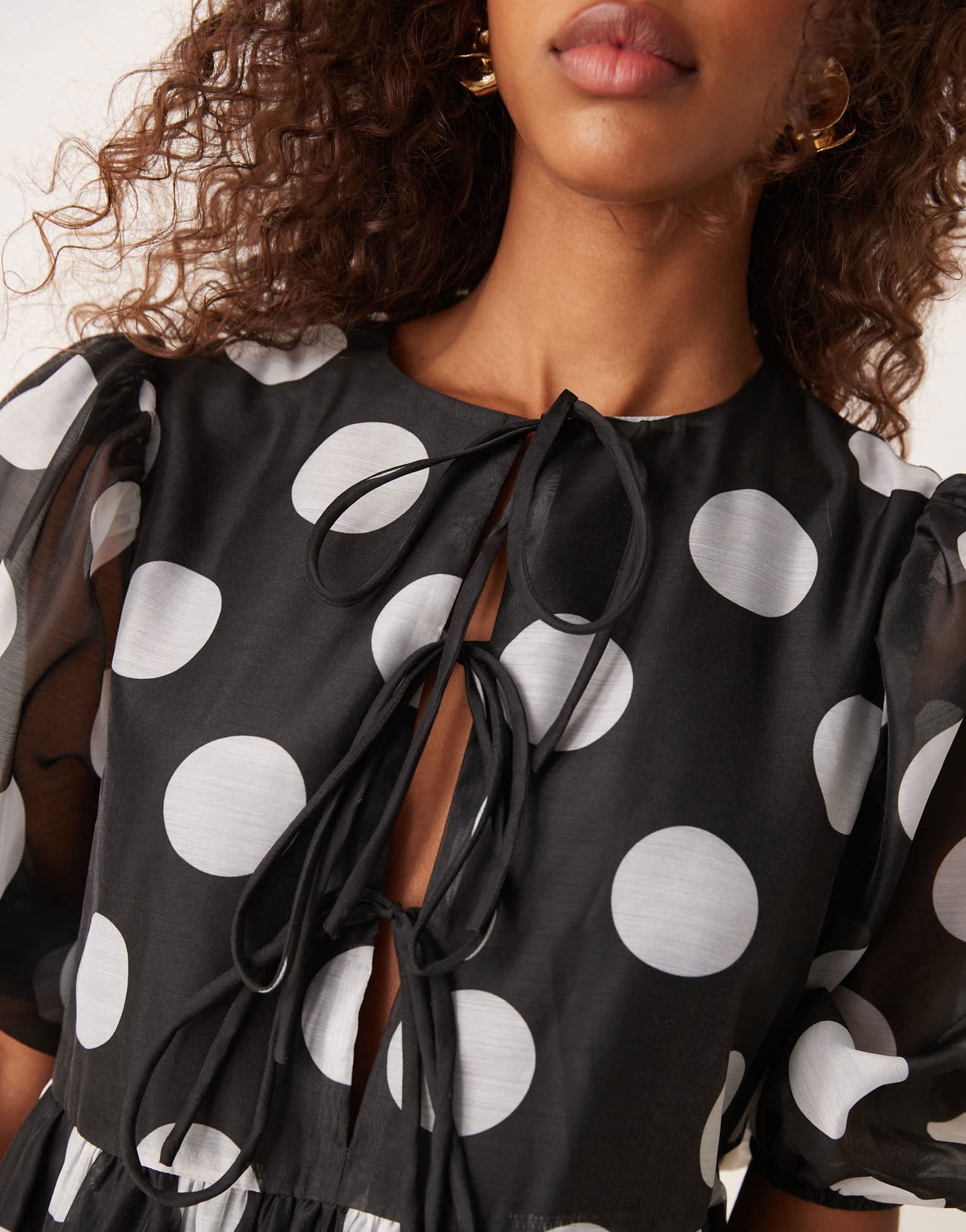 Glamorous smock dress with puff sleeves in black and white polka dot