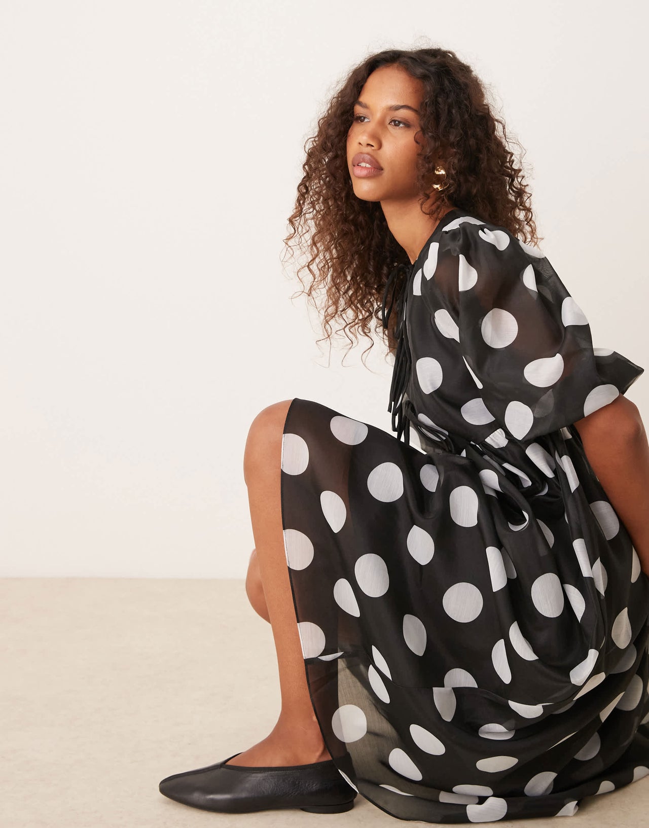 Glamorous smock dress with puff sleeves in black and white polka dot